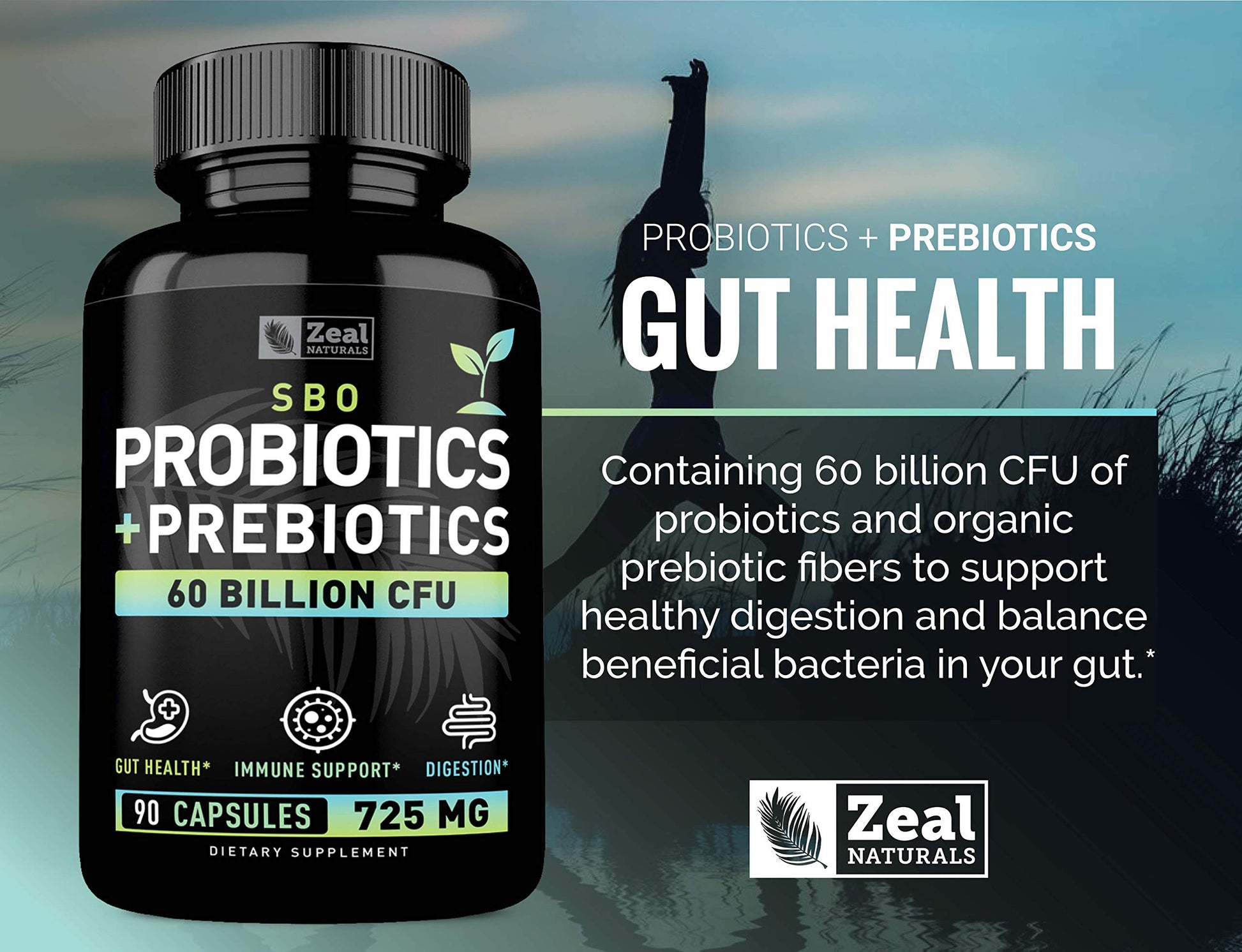 Probiotics and Prebiotics + SBO Probiotics (60 Billion CFU | 90 Capsules) Acidophilus Probiotic w. Saccharomyces Boulardii, Bifidobacterium + Spore Probiotic & Organic Sprouted Prebiotic Fiber Blend Zeal Naturals uk supplements