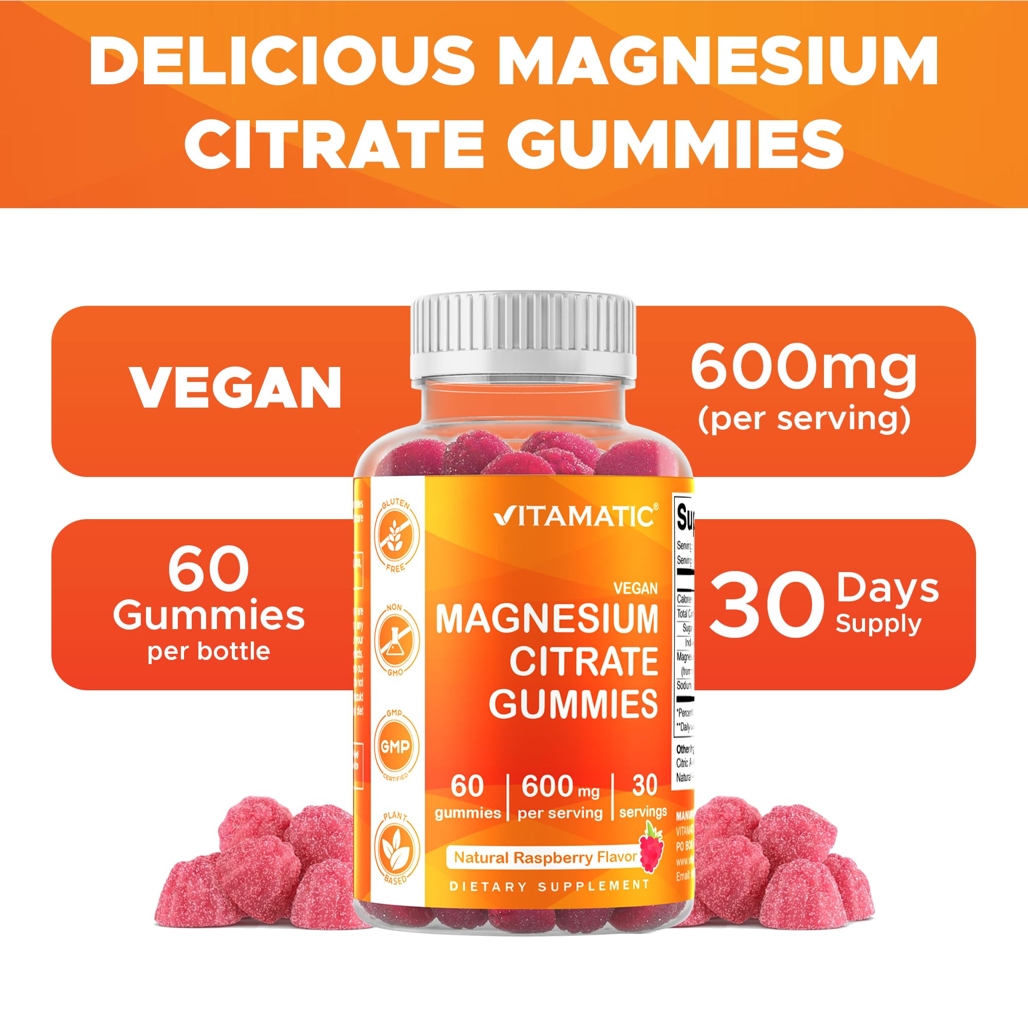 Vitamatic Magnesium Gummies 600mg per Serving – 60 Vegan Count for Relaxation, Muscle, Bone, and Energy Support Vitamatic uk supplements