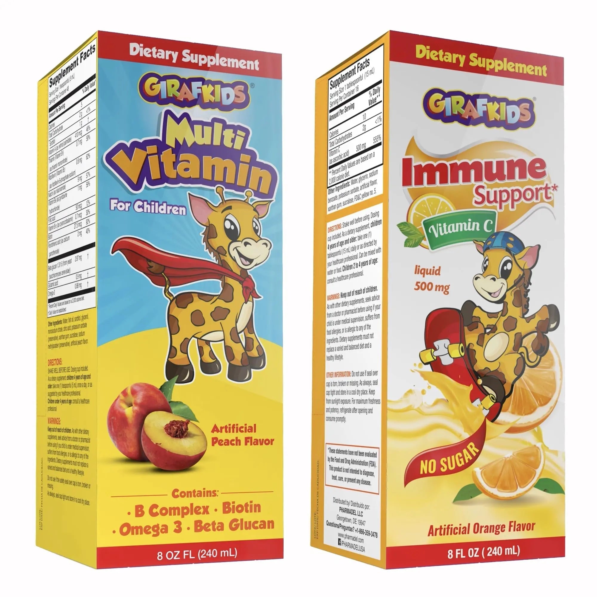 GirafKids Multivitamin Syrup + Liquid Vitamin C Bundle for Kids Ages 4+ | Omega-3, Beta Glucan, Folic Acid & Antioxidant Support | Peach & Orange Flavors PHARMADEL uk supplements