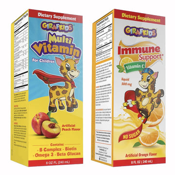 GirafKids Multivitamin Syrup + Liquid Vitamin C Bundle for Kids Ages 4+ | Omega-3, Beta Glucan, Folic Acid & Antioxidant Support | Peach & Orange Flavors PHARMADEL uk supplements