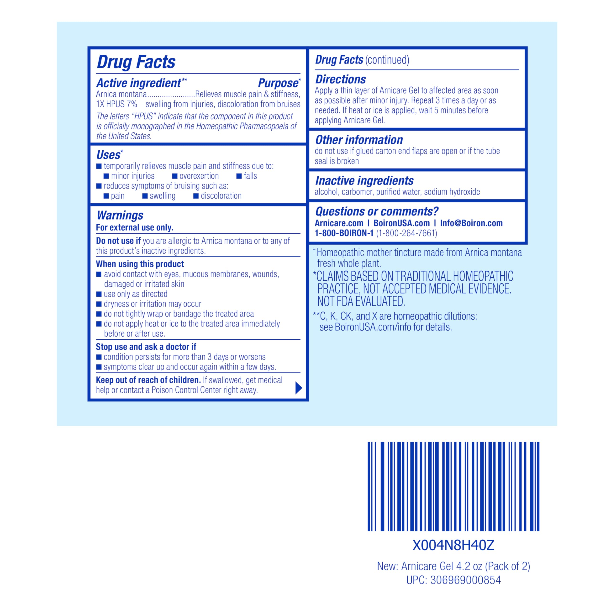 Boiron Arnicare Gel 4.2 oz (Twin Pack) for Joint Pain Relief, Muscle Pain, Muscle Soreness, and Swelling from Bruises or Injury - Non-Greasy and Fragrance-Free Arnica Boiron uk supplements