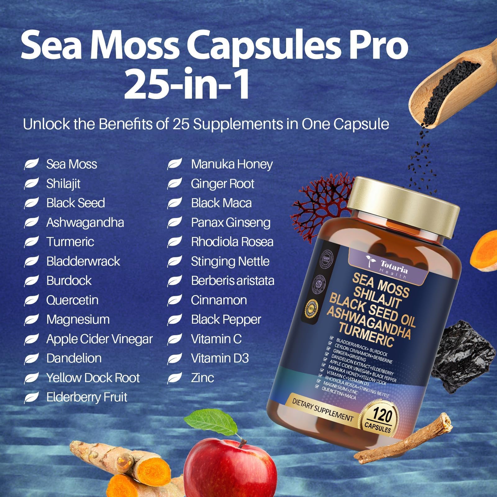 25-in-1 Sea Moss Black Seed Oil Ashwagandha Ginger Shilajit Supplement, Sea Moss Capsules Pro with Bladder Burdock Ceylon Cinnamon Berberine ACV Manuka VIT C & D3 for Men Women, 120 Vegan Caps Totaria uk supplements