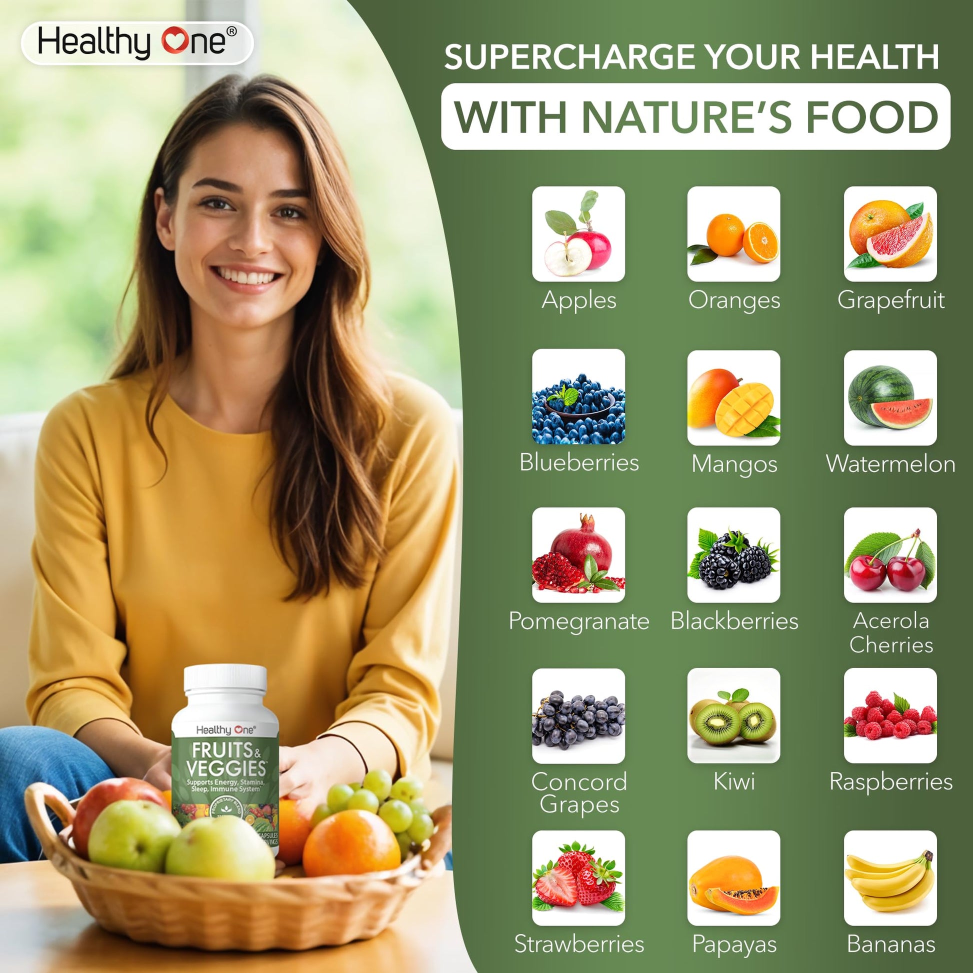 Fruits & Veggies Formula - 27 Premium Whole Foods - Organic Ingredients - Equals 3 Servings of Fruits & Vegetables - Improve Energy, Focus & Immune Function - Fiber - Antioxidants - 150ct (75 Serv) Healthy One uk supplements