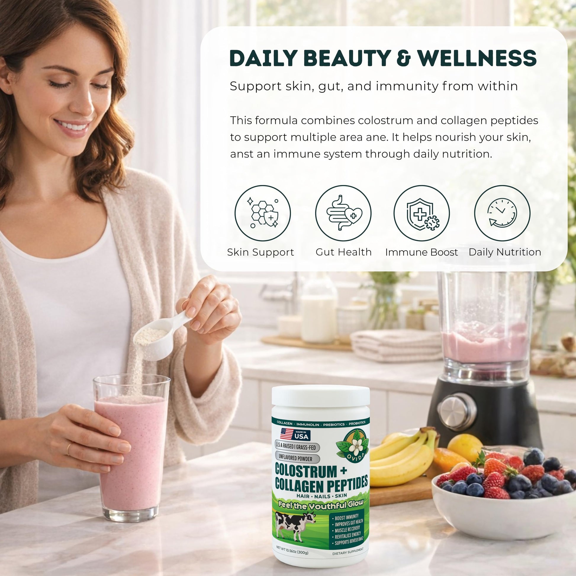 Bovine Colostrum and Hydrolyzed Collagen Peptides Powder Supplement for Women & Men - Supports Gut Health, Joint & Bone Health, Hair Skin Nails - Grass-Fed, Non-GMO, Gluten Free, 300g (30 Servings) OVIDA uk supplements