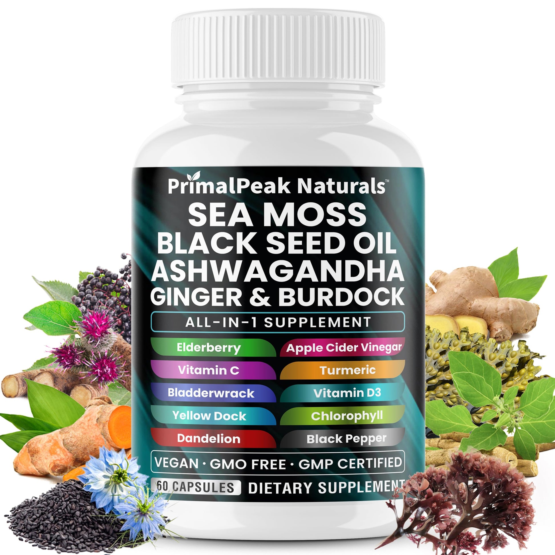 PrimalPeak Naturals Sea Moss Black Seed Oil Ashwagandha Ginger Burdock Bladderwrack Turmeric & Vitamin C Vitamin D3 with ACV Elderberry Chlorophyll Dandelion Yellow Dock Vegan Capsules - 60 Count PrimalPeak Naturals uk supplements