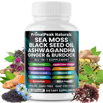 PrimalPeak Naturals Sea Moss Black Seed Oil Ashwagandha Ginger Burdock Bladderwrack Turmeric & Vitamin C Vitamin D3 with ACV Elderberry Chlorophyll Dandelion Yellow Dock Vegan Capsules - 60 Count PrimalPeak Naturals uk supplements