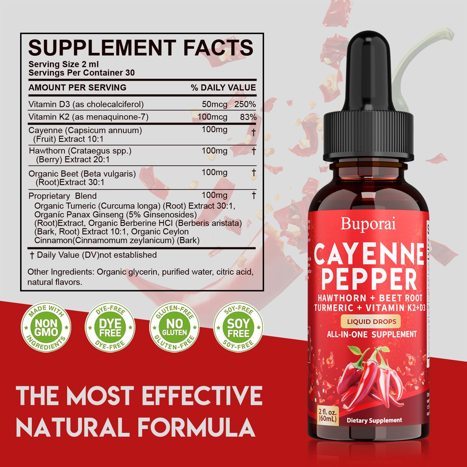 Buporai Cayenne Pepper Drops, Cayenne Pepper Extract Liquid Supplement for Overall Well-Being, 2 fl oz, Vitamin D3 K2 Beet Root Powder Buporai uk supplements