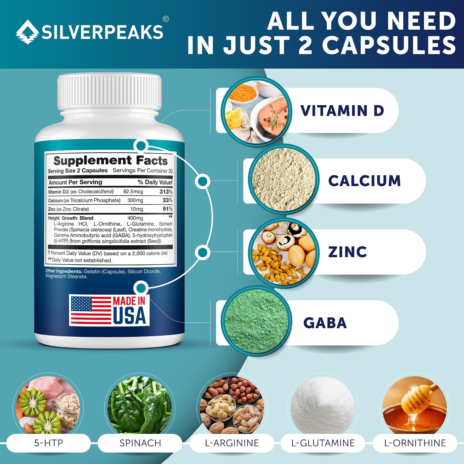 Calcium Supplement with Vitamin D3 and Zinc for Bone Health – Supports Bone Strength & Density – Gentle Non-Constipating Mineral & Amino Acids Blend for Women & Men - 60 Capsules (30 Day Supply) SILVERPEAKS uk supplements