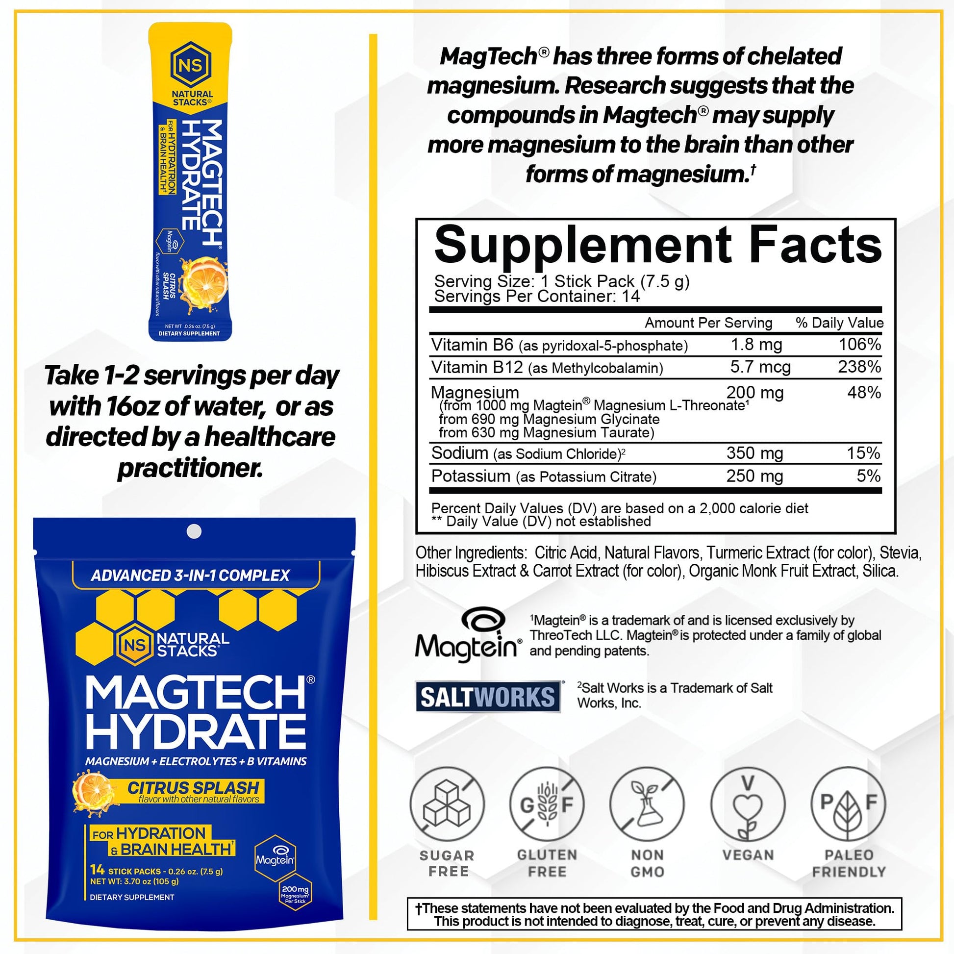 MagTech Magnesium Hydrate Packets - Sugar Free Hydration Powder - Magtein Magnesium L-Threonate, Glycinate & Taurate - 200mg Chelated Triple Complex - Supports Hydration & Brain Health* - 14 Servings NATURAL STACKS uk supplements