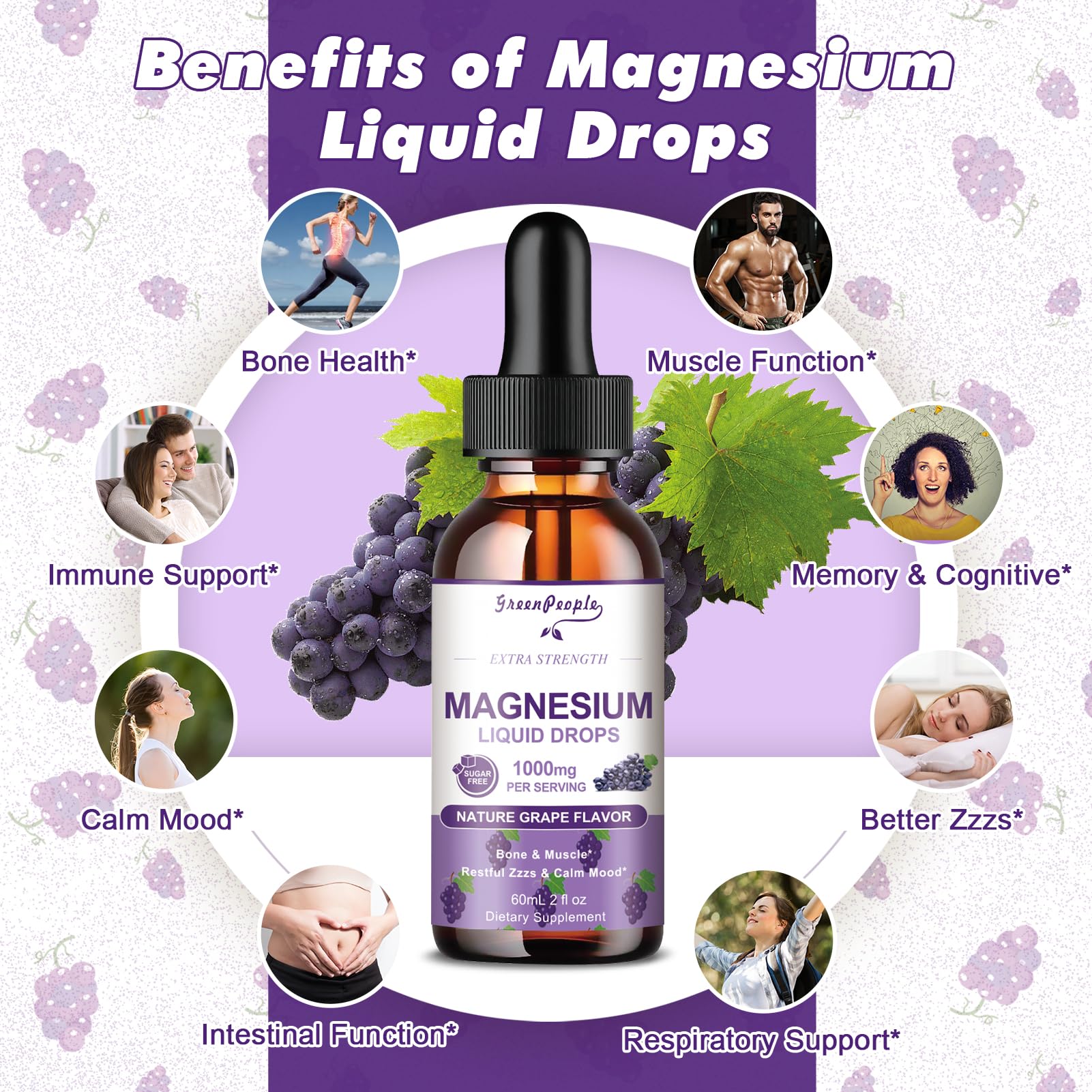 GREENPEOPLE Magnesium Glycinate Liquid Drops - 1000mg 5-in-1 High Absorption Liquid Magnesium for Sleep with D3/K2/B6 | Fast-Acting, Bone, Muscle & Sleep | Sugar-Free Grape Flavor, 2fl Oz GREENPEOPLE uk supplements