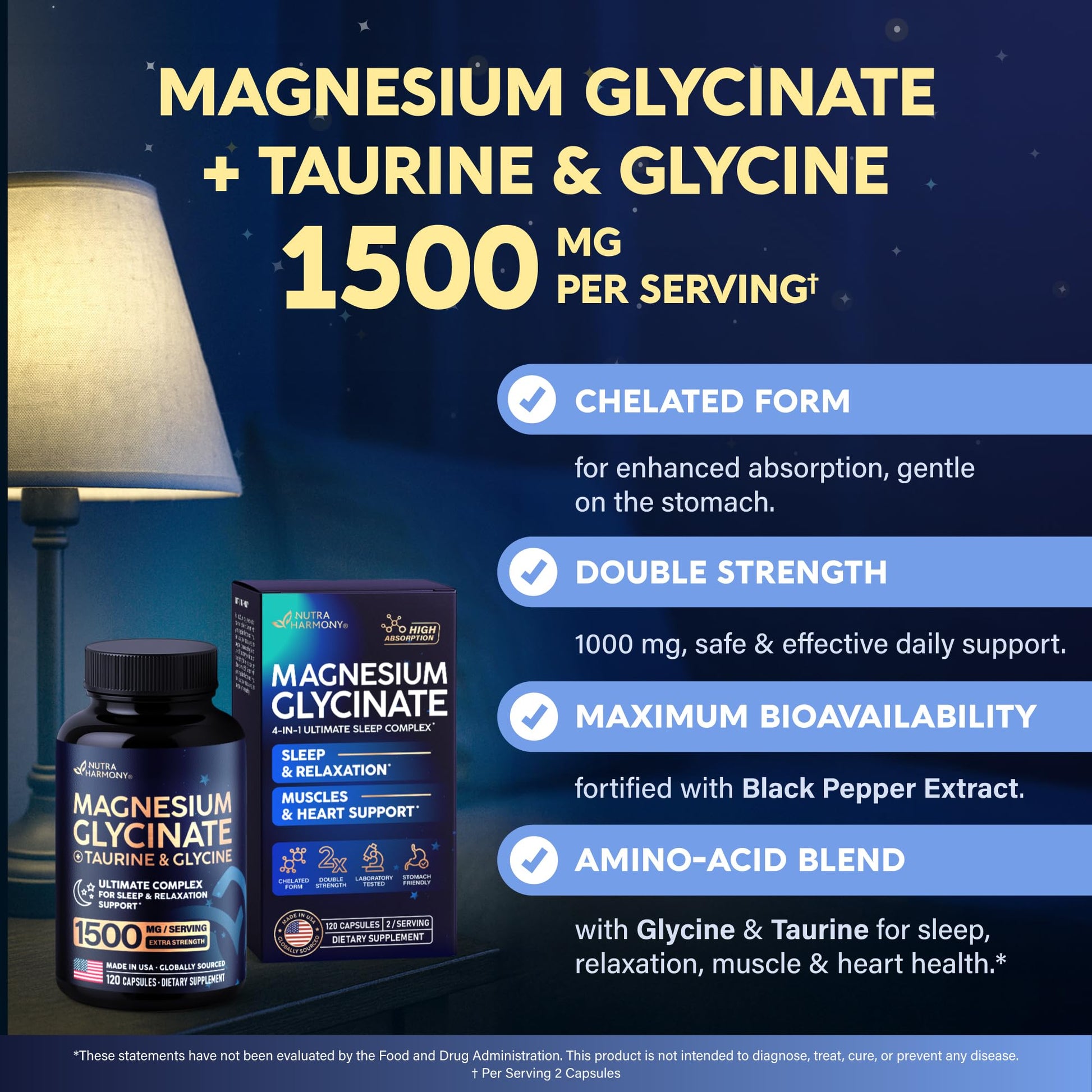 Magnesium Glycinate - Sleep & Relaxation Support - Extra Strength Glycinate, Glycine & Taurine 1500 mg - Magnesium Supplement for Women & Men - Chelated & High Absorption - Made in USA - 120 Capsules NUTRAHARMONY uk supplements