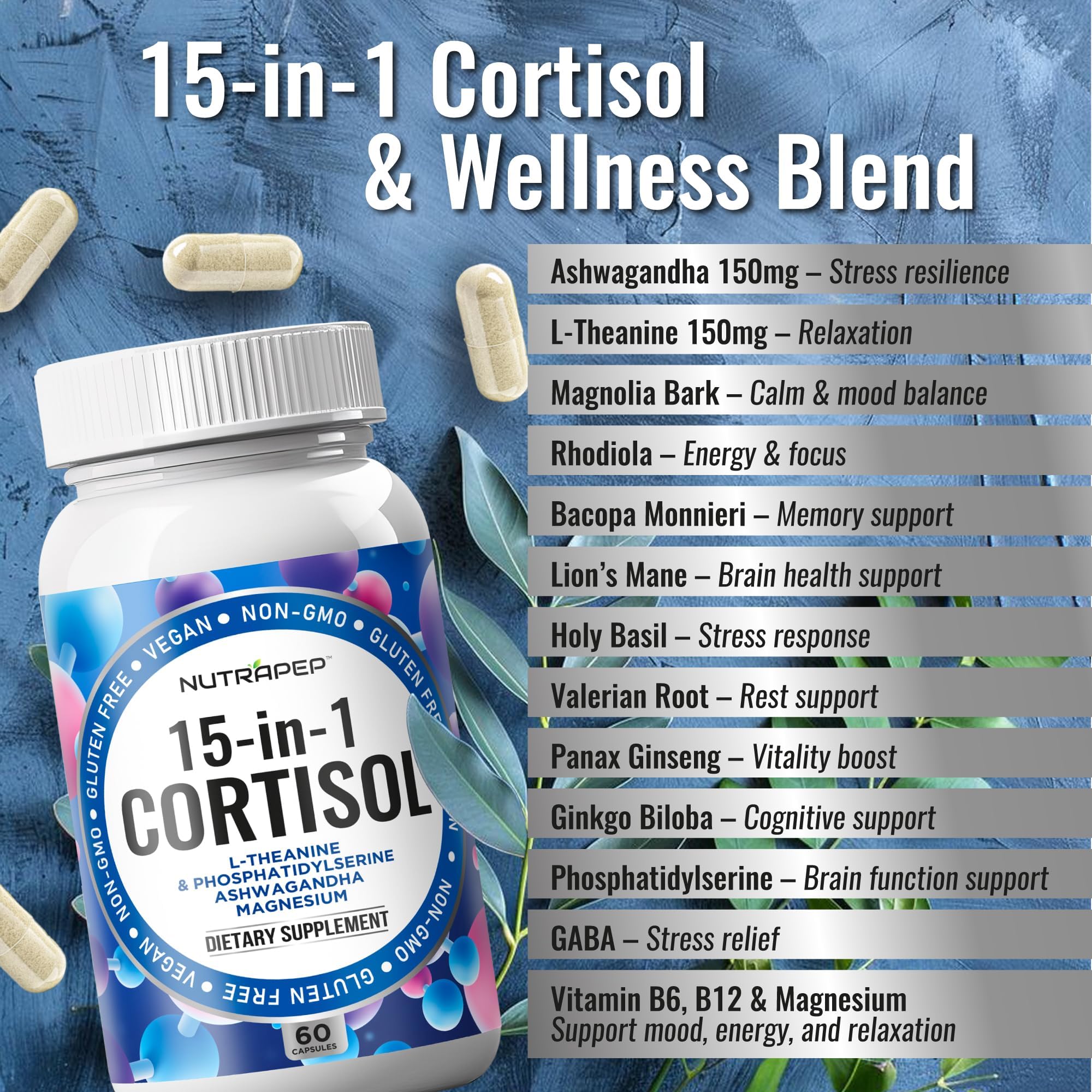 NutraPep Cortisol Detox Supplement Men Women - Reduce Lower Cortisol High Cortisol Reducer Blocker Control - Supports Stress Mood Rest Adrenal Calm Relax with Ashwagandha L-Theanine Magnesium NutraPep uk supplements
