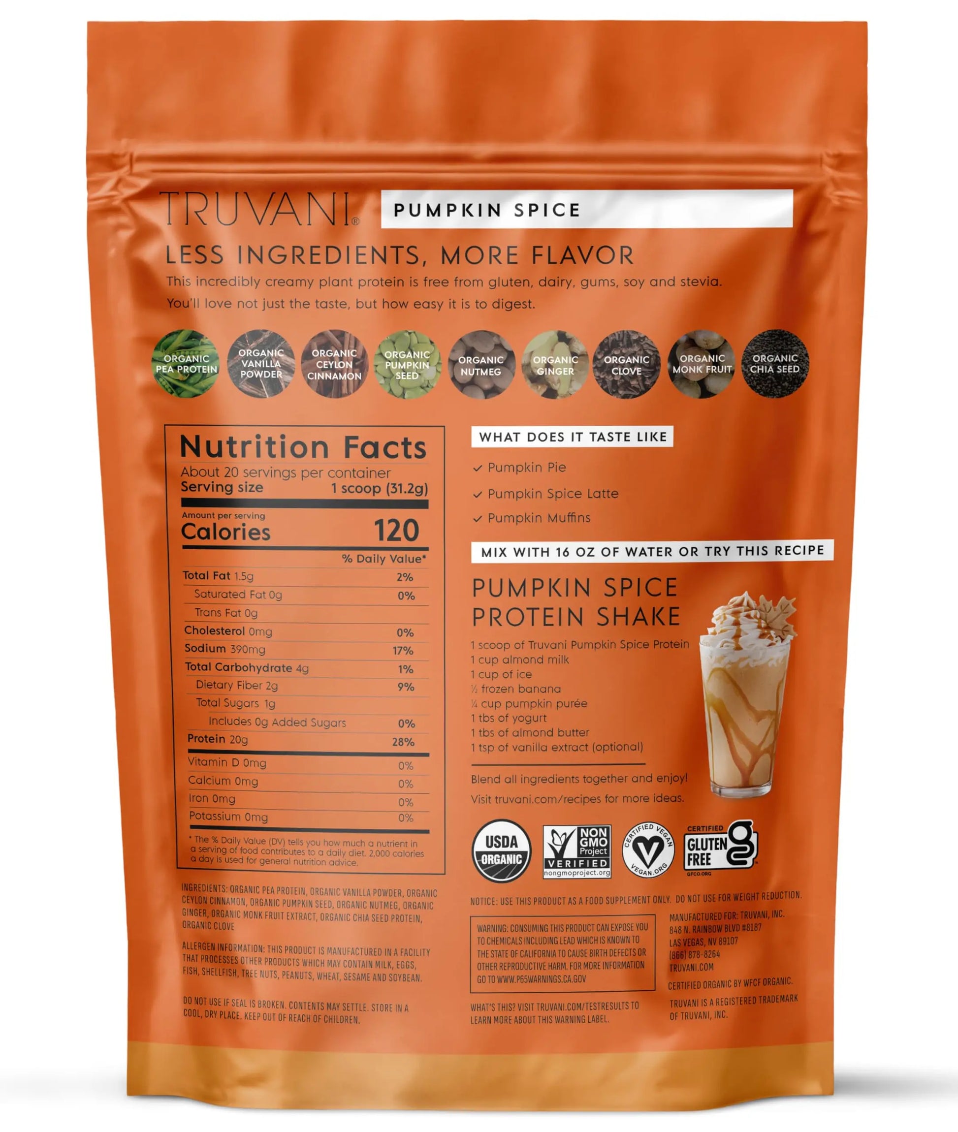 Truvani Vegan Pea Protein Powder | Pumpkin Spice | 20g Organic Plant Based Protein | 20 Servings | Keto | Gluten & Dairy Free Truvani uk supplements