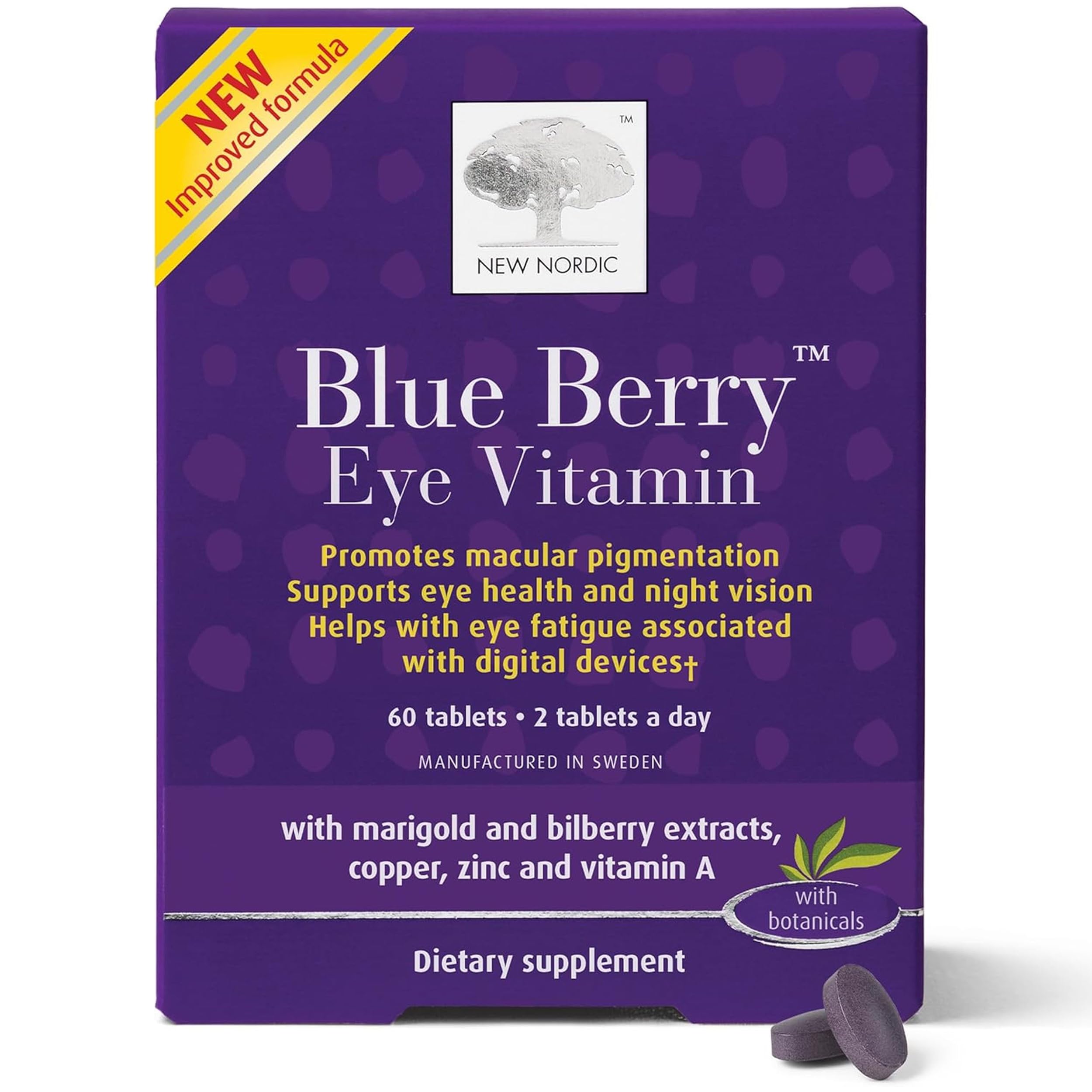 NEW NORDIC Blue Berry Eye Vitamin Lutein Supplement with Zinc, Supports Macular Pigmentation, Eye & Vision Function, 60 Tablets (Pack of 1) NEW NORDIC uk supplements