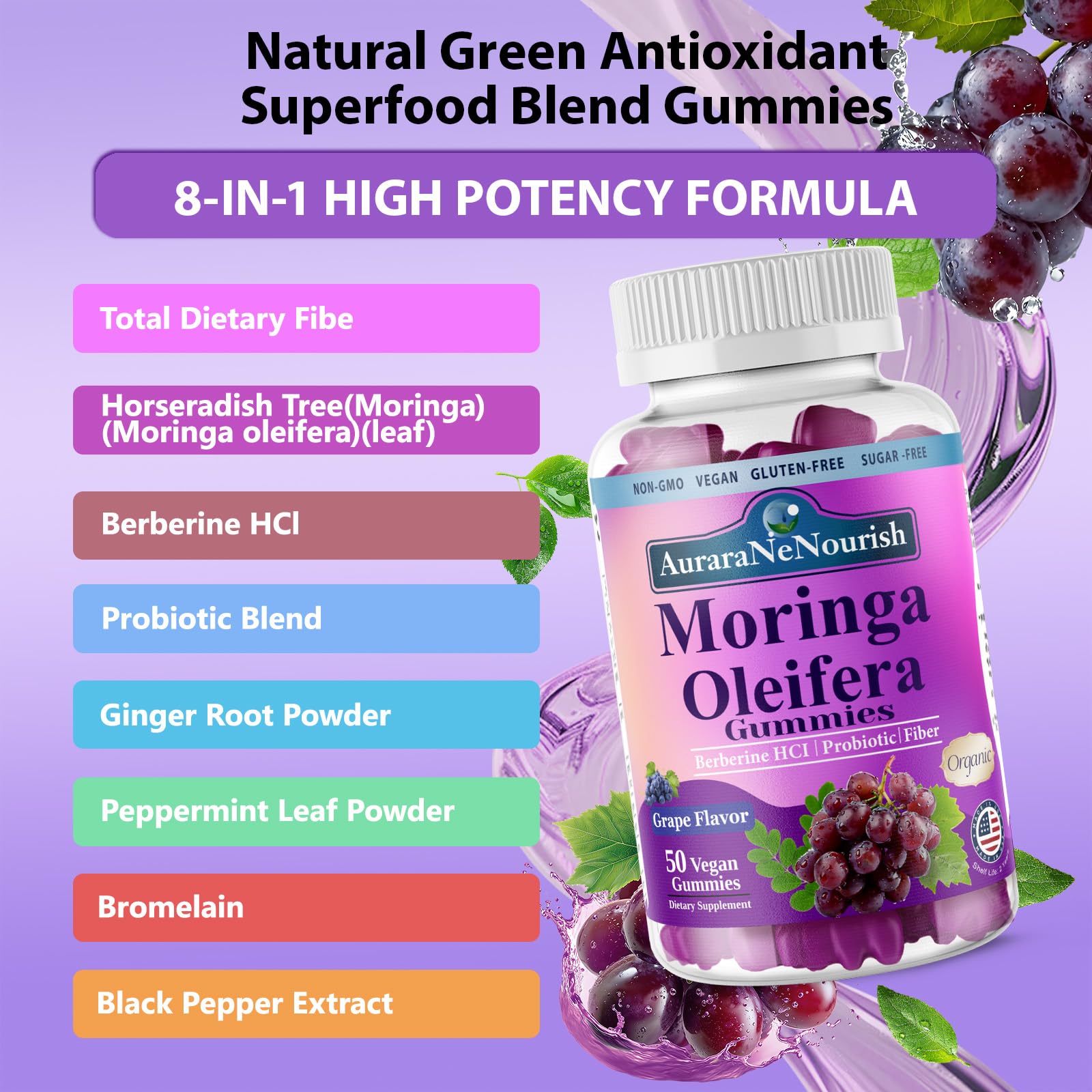 AuraraNeNourish Organic Moringa Oleifera Gummies for Women & Men, 8-in-1 Superfood Blend w. Berberine HCl & Moringa Leaf Extract for GLP-1 Support & Energy Immune Joint & Gut Health Sugar-Free AuraraNeNourish uk supplements