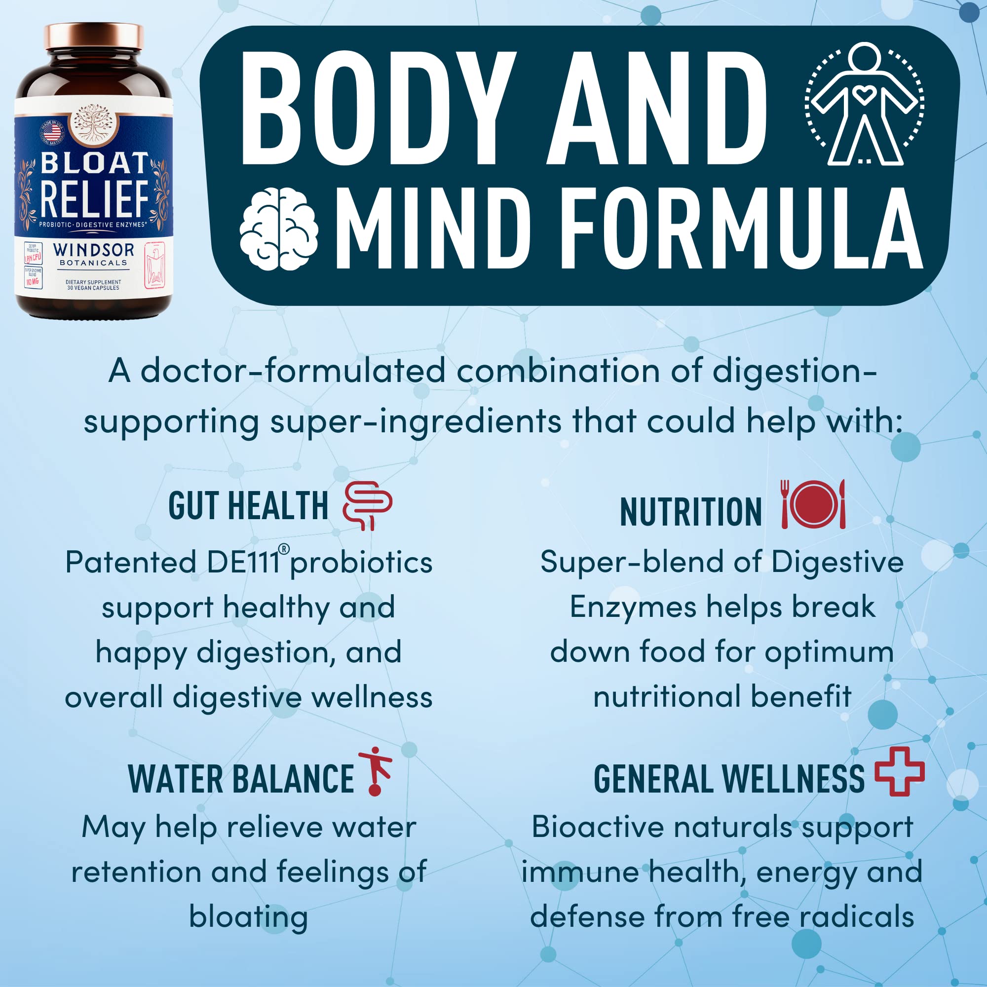 Bloat Relief Probiotic and Digestive Enzymes - Anti Bloating Turmeric, Fennel, Bromelain IBS Supplement - Detox Debloat Capsules Gas - Bloating Relief for Women and Men - 30 Gut Health Pills WINDSOR BOTANICALS uk supplements