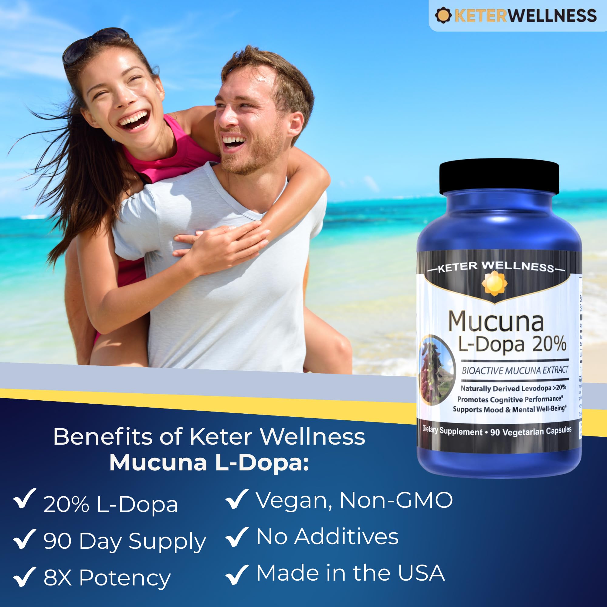 Mucuna Pruriens 20% L-Dopa – Standardized Velvet Bean Extract for Natural Dopamine, Focus & Mood Support – Pure 8:1 Concentrated Herbal Supplement – Vegan, Non-GMO, 90 Capsules Keter Wellness uk supplements