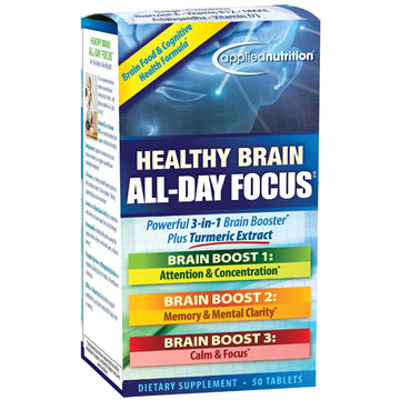 Applied Nutrition Healthy Brain All-Day Focus - 50 Tablets - Powerful 3-in-1 Brain Booster with Turmeric Extract - 25 Servings Applied Nutrition uk supplements
