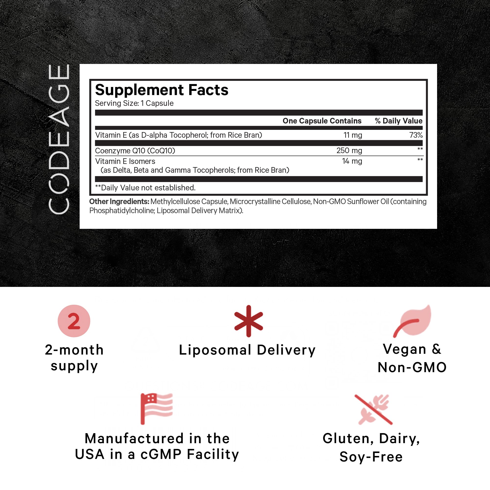 Codeage Liposomal CoQ10 Max Supplement - 250 mg Coenzyme Q10 with Vitamin E Isomers Tocopherols - 2-Month Supply - 1 Capsule Per Serving - Liposomal Delivery - Non-GMO, Gluten-Free - 60 Capsules Codeage uk supplements