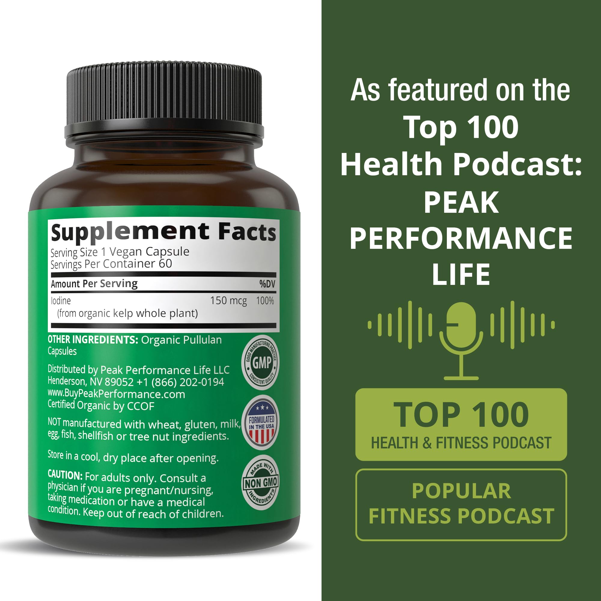 Raw Whole Food Iodine Supplement from Organic Kelp (Ascophyllum Nodosum) by Peak Performance. Potassium Iodide Support Tablets. for Metabolism, Energy, and Immune. 60 Vegan Capsules, Pills. Peak Performance uk supplements