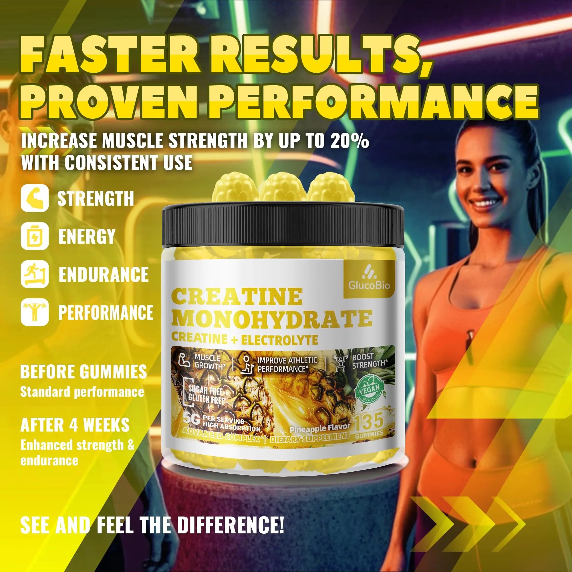 GlucoBio Creatine Monohydrate Gummies (5g) – Pre-Workout Energy & Muscle Growth Support for Men & Women | Pineapple Electrolyte Gummies (135 Count) GlucoBio uk supplements