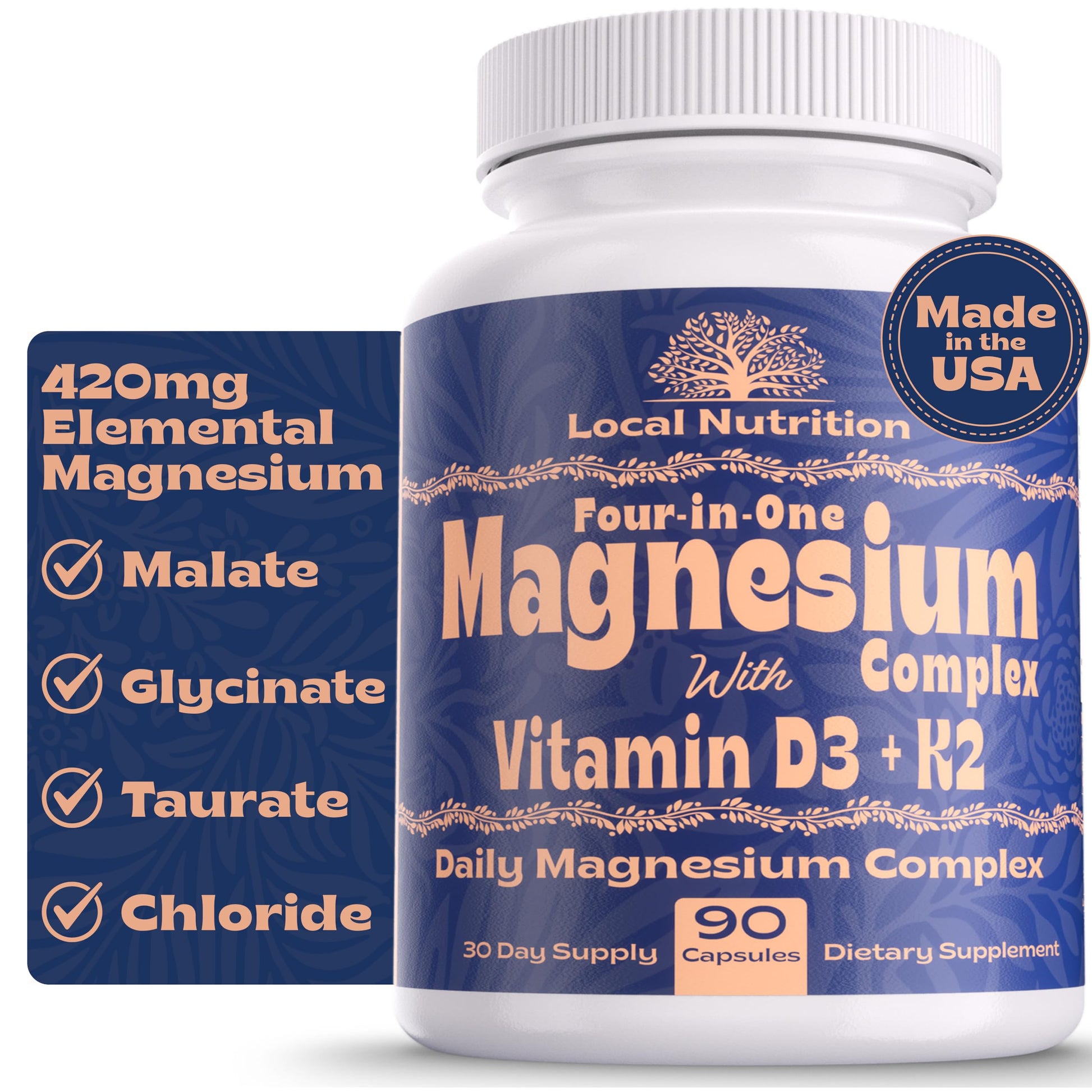 Local Nutrition Magnesium Complex 420mg with Vitamin D3 K2 - Four Bioavailable Forms Including Bisglycinate (Glycinate), Malate, Taurate, and Chloride for Superior Absorption - 90 Capsules Made in USA Local Nutrition uk supplements