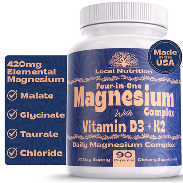 Local Nutrition Magnesium Complex 420mg with Vitamin D3 K2 - Four Bioavailable Forms Including Bisglycinate (Glycinate), Malate, Taurate, and Chloride for Superior Absorption - 90 Capsules Made in USA Local Nutrition uk supplements