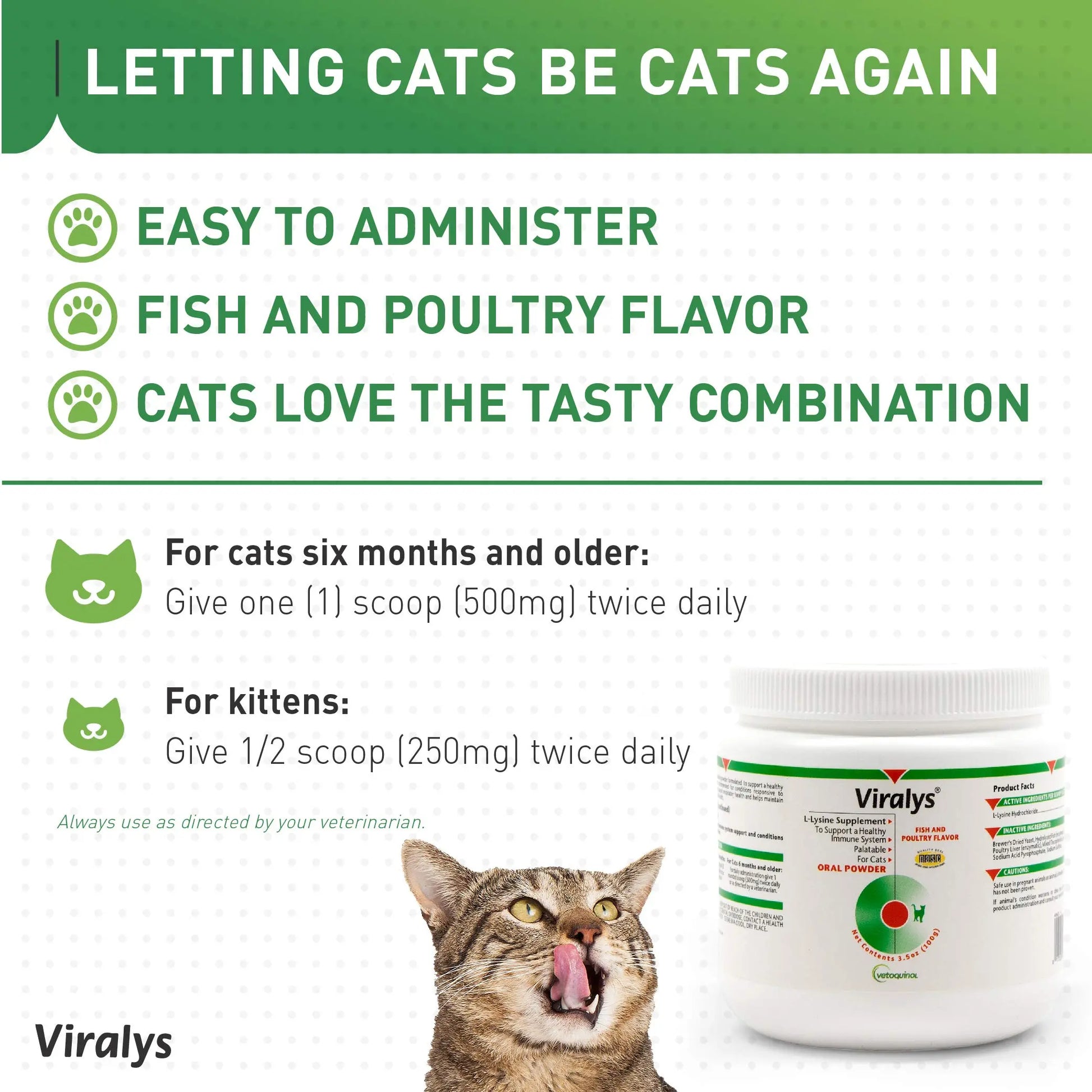 Vetoquinol Viralys Daily L-Lysine Powder for Cats and Kittens, Fish Flavored Lysine Supplement for Cats and Kittens to Support Immune Health Vetoquinol uk supplements