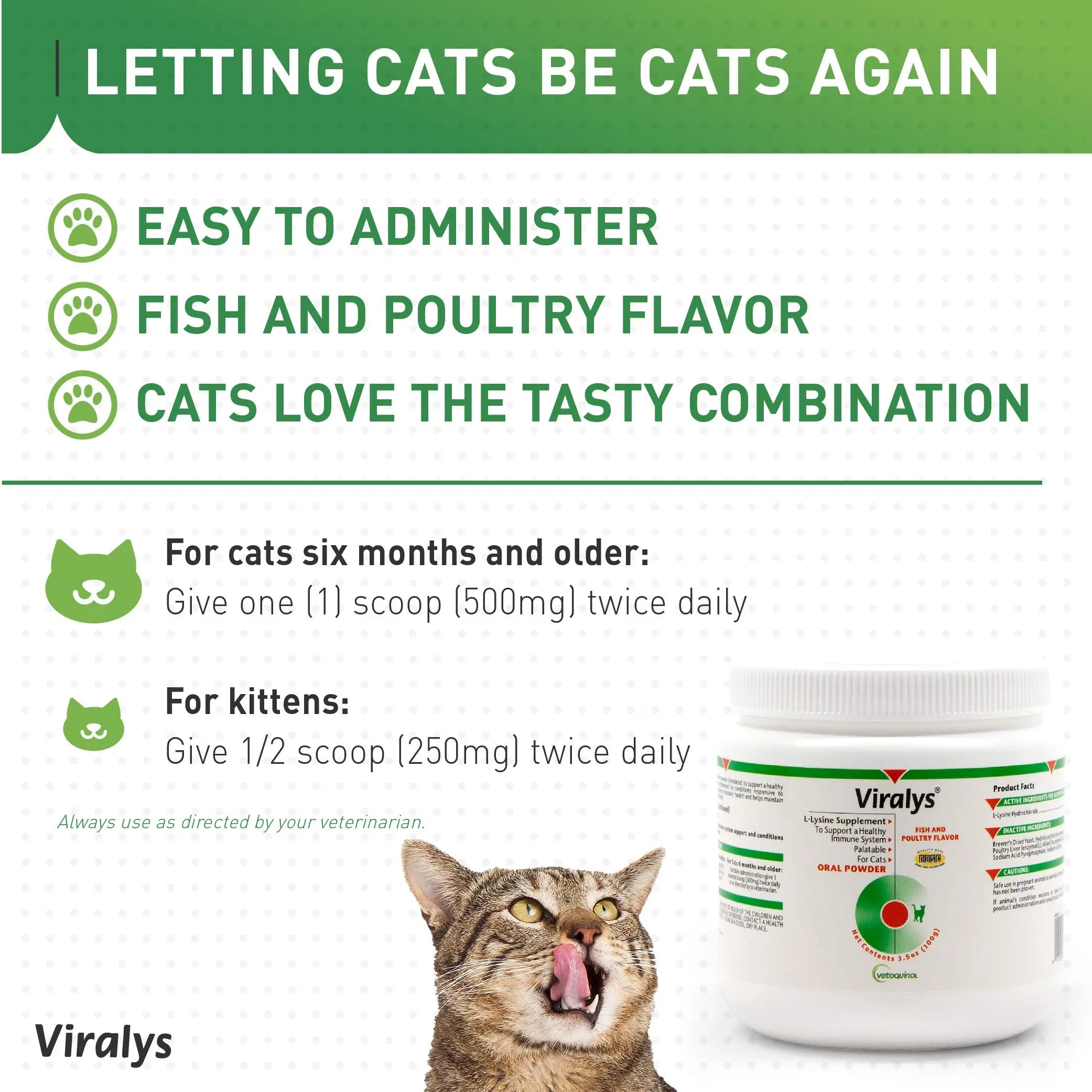Vetoquinol Viralys Daily L-Lysine Powder for Cats and Kittens, Fish Flavored Lysine Supplement for Cats and Kittens to Support Immune Health Vetoquinol uk supplements