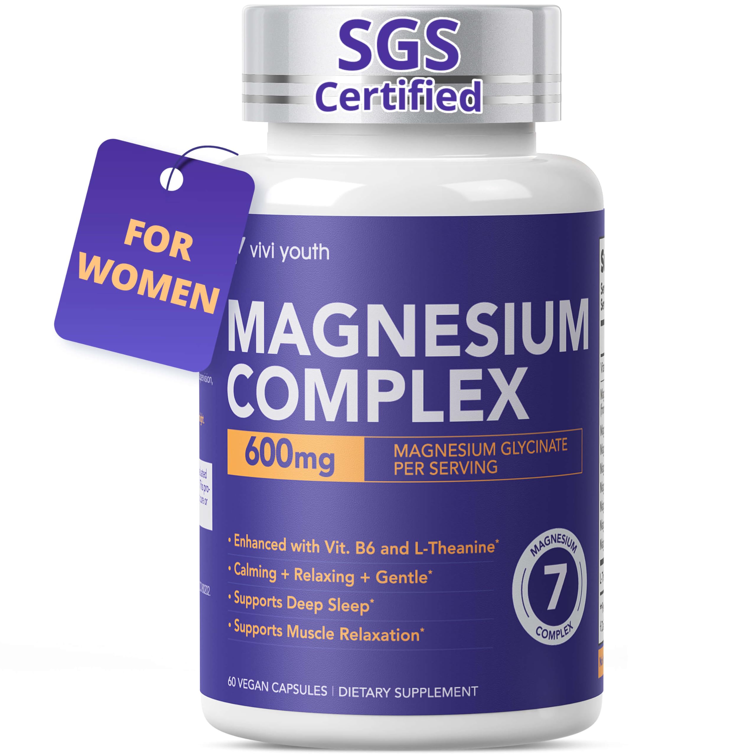 Magnesium 7 Complex for Women 1600mg, Magnesium Glycinate 600mg 7 High Absorption Magnesium Supplement with Citrate, Malate, Chelate, Taurate, Gluconate, Aspartate & Ascorbate for Sleep, 60 Capsules VIVI Youth uk supplements