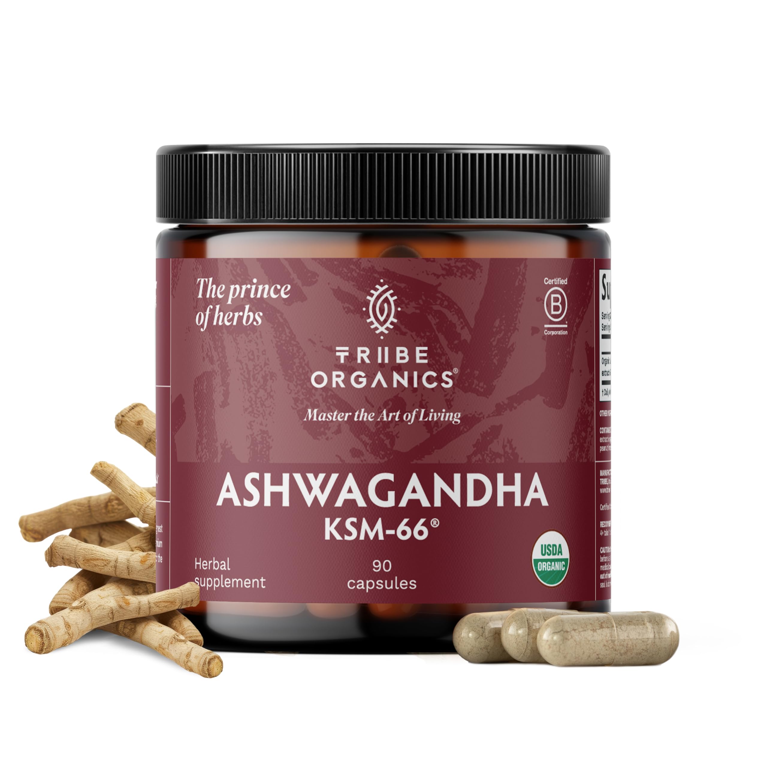 TRIBE ORGANICS Ashwagandha KSM 66 Pure Organic Root Powder Extract Ayurvedic Supplement - Focus Mood Support Increase Energy Strength 600mg of Natural KSM66 for Superior Absorption - 90 Capsules TRIBE ORGANICS uk supplements