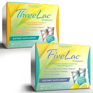 Global Health Trax GHT - FiveLac + Threelac Lemon Probiotic Powder Drink Mix, Probiotics for Women, Men, Kids, Smooth Digestive Support & Elimination, Relieves Constipation & Gas - 60 Packets, Non-GMO ght Global Health Trax uk supplements