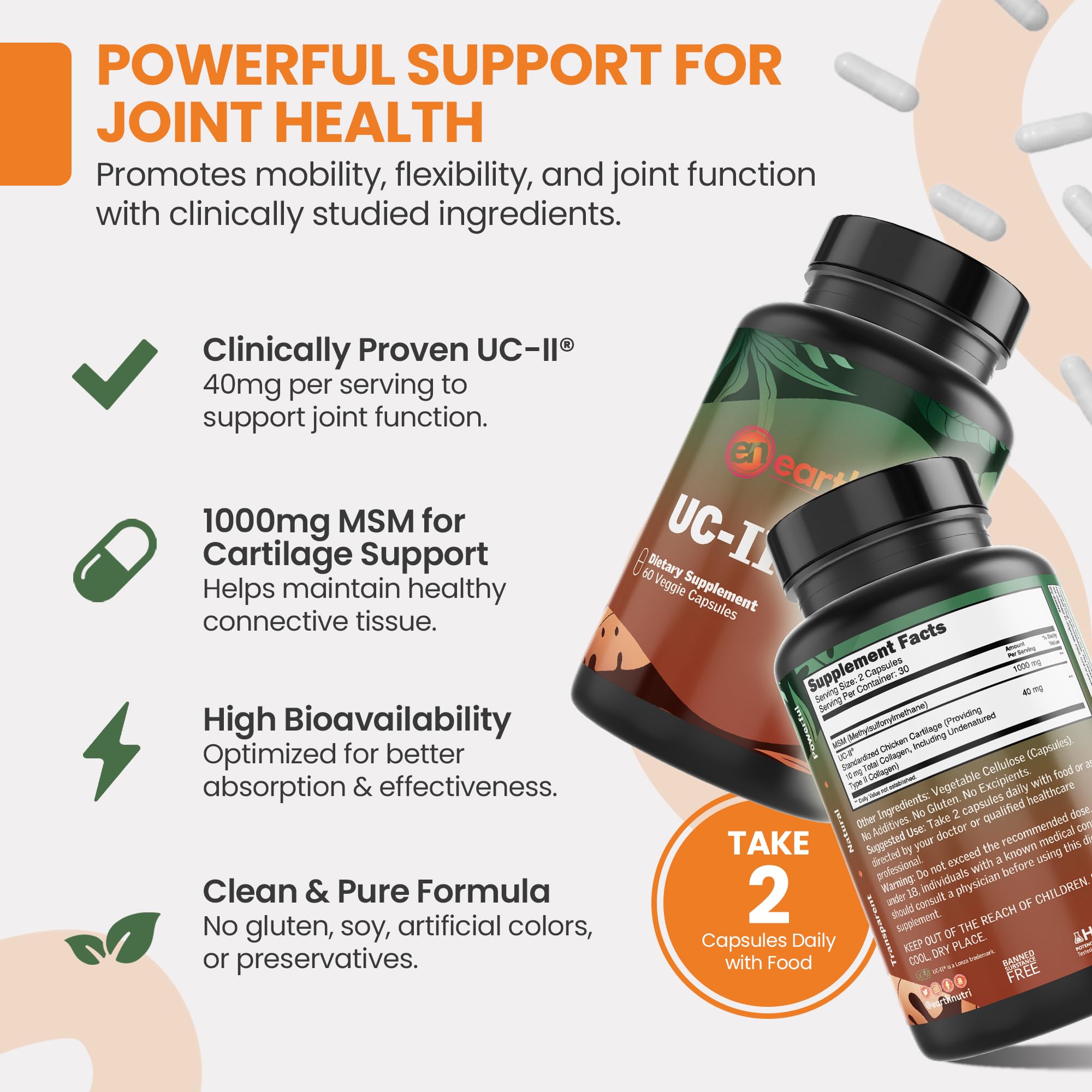 EarthNutri UC-II Collagen & MSM Supplement for Bone Health and Joint Flexibility Joint Supplement - 40mg UC-II Providing 10mg Total Collagen & 1000mg MSM - 60 Capsules (2 Caps Daily) EarthNutri uk supplements