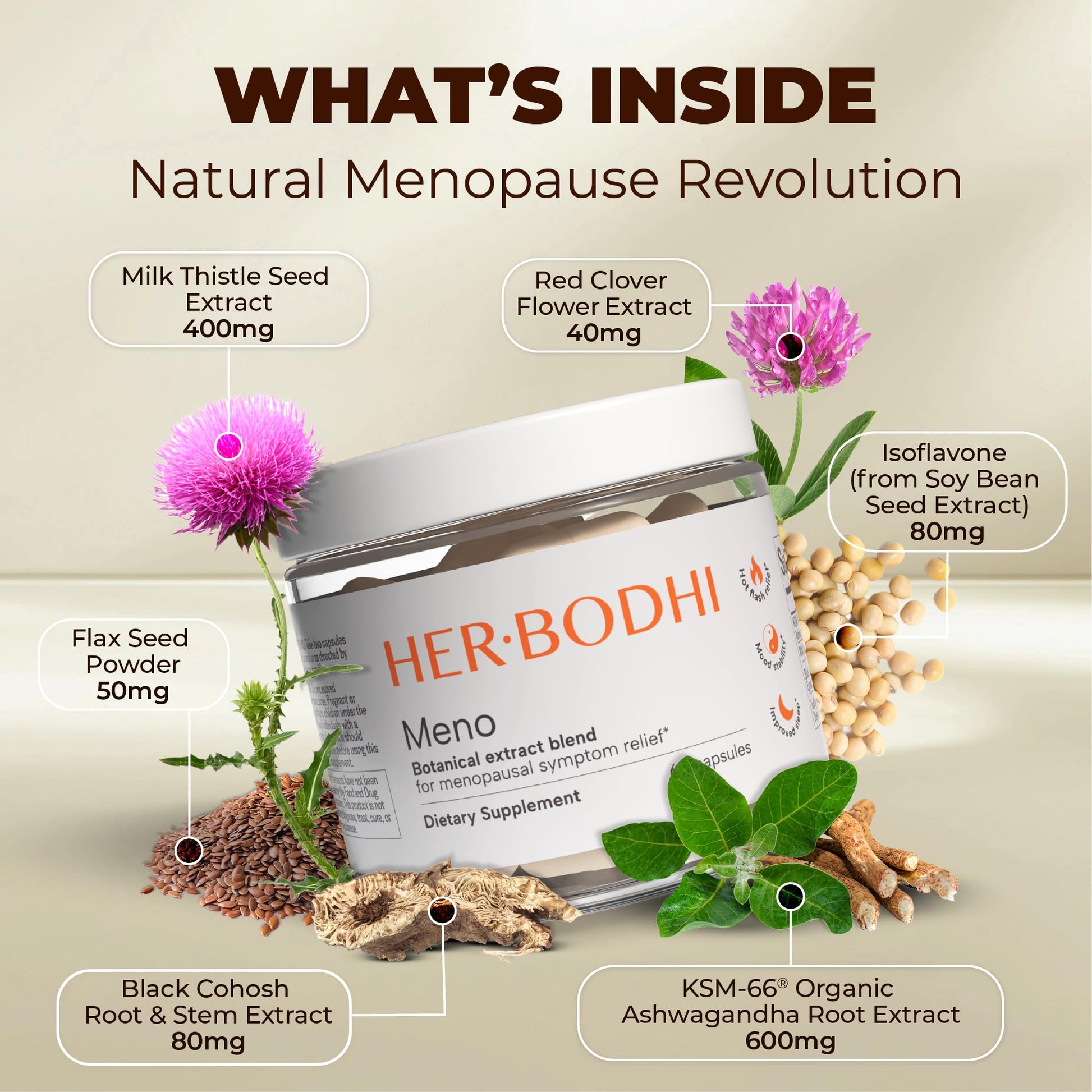 Her Bodhi Meno- Menopause Hormonal Balance for Women, Estrogen Soy Isoflavones Menopause Supplement for Women | with Ashwagandha & Black Cohosh | Hot Flashes Menopause Relief (60 Capsules) Her Bodhi uk supplements