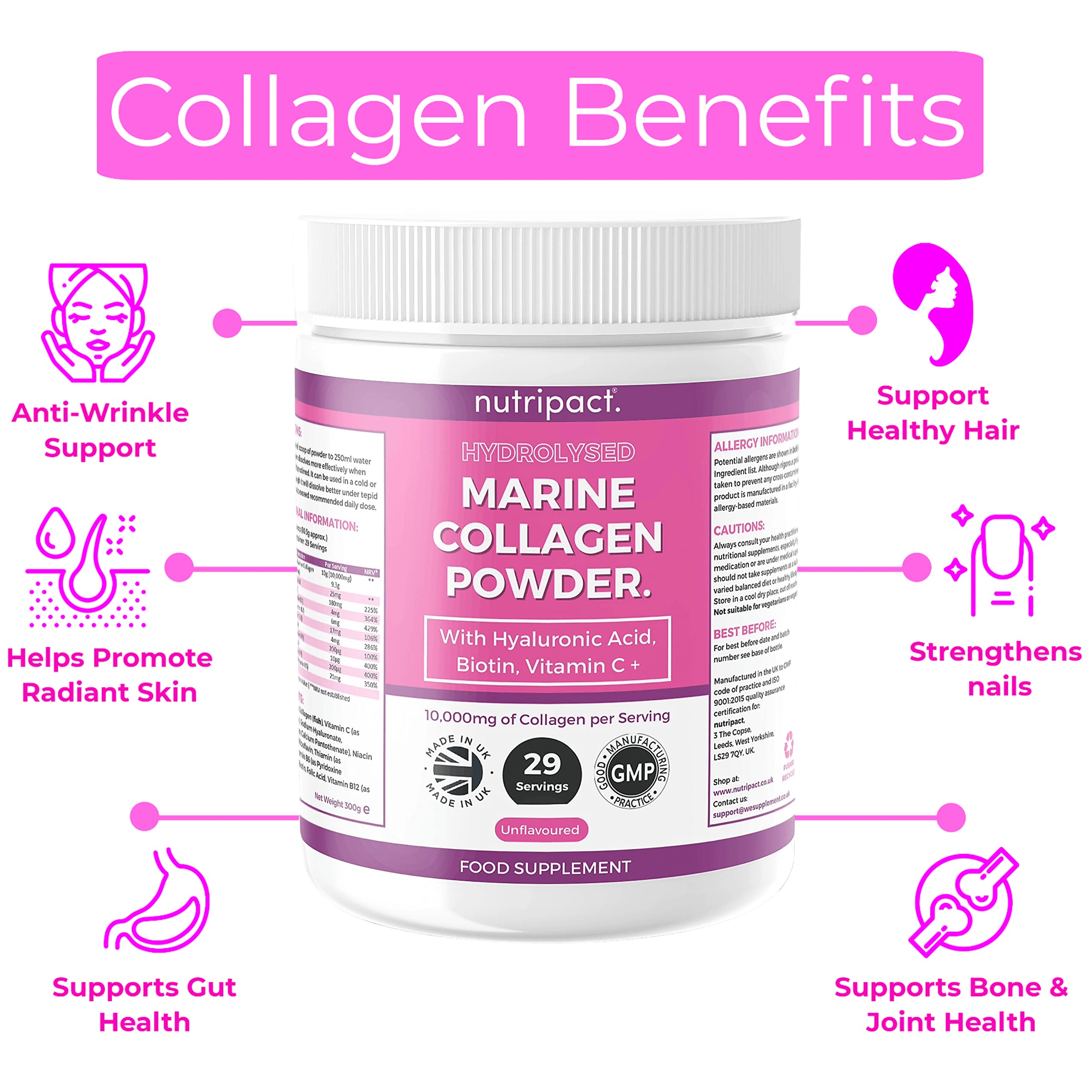 Hydrolysed Marine Collagen Peptides Powder with Hyaluronic Acid, Biotin, Vitamin C & B Vitamins – 10,000mg Collagen nutripact uk supplements