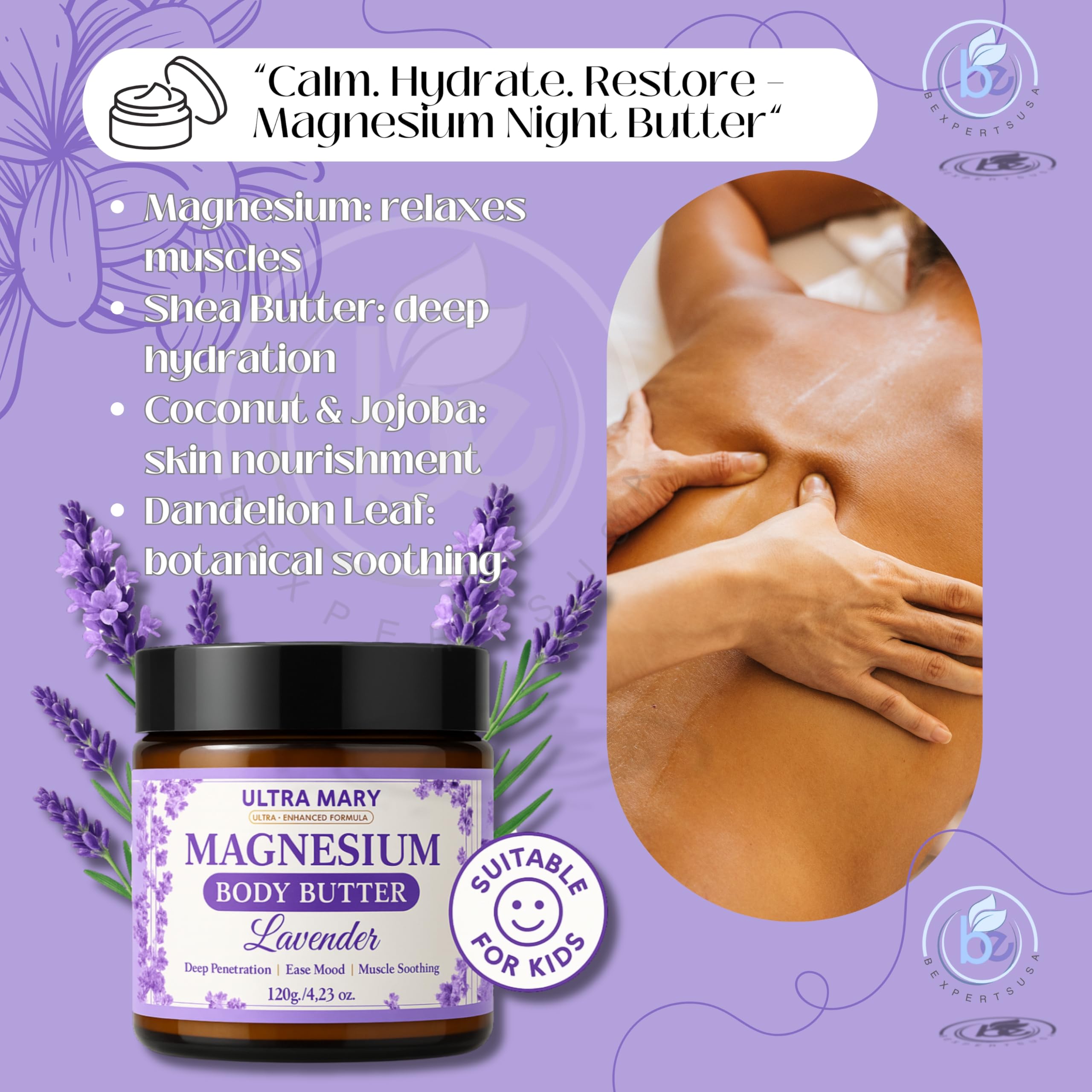 Nighttime Magnesium Cream for Pain, Nerve & Leg Cramps - Magnesium Body Butter for Sleep with Shea Butter, Jojoba Oil, Coconut Extract & Dandelion - Lavender Magnesium Lotion for Kids - 4.23oz ULTRA MARY uk supplements