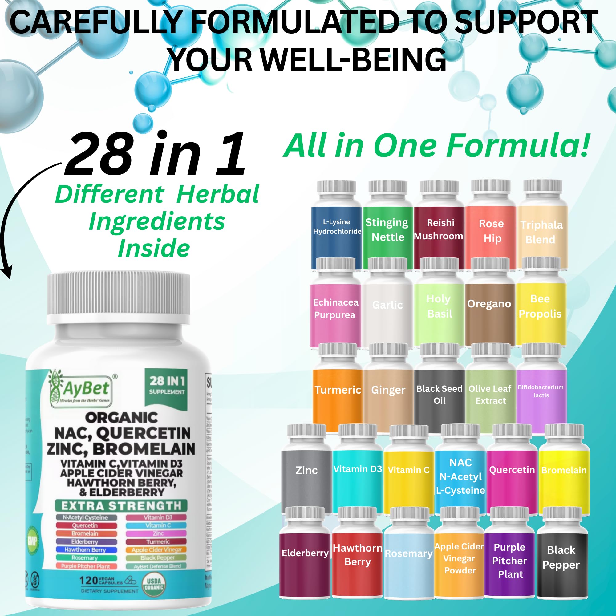 NAC-n-acetyl cysteine- Quercetin Zinc Bromelain Supplement | Extra Strength with Vit C, D3, Apple Cider Vinegar, Elderberry, Hawthorn Berry, Turmeric | Immune Support|120 Vegan Capsules | USDA Organic AyBet uk supplements