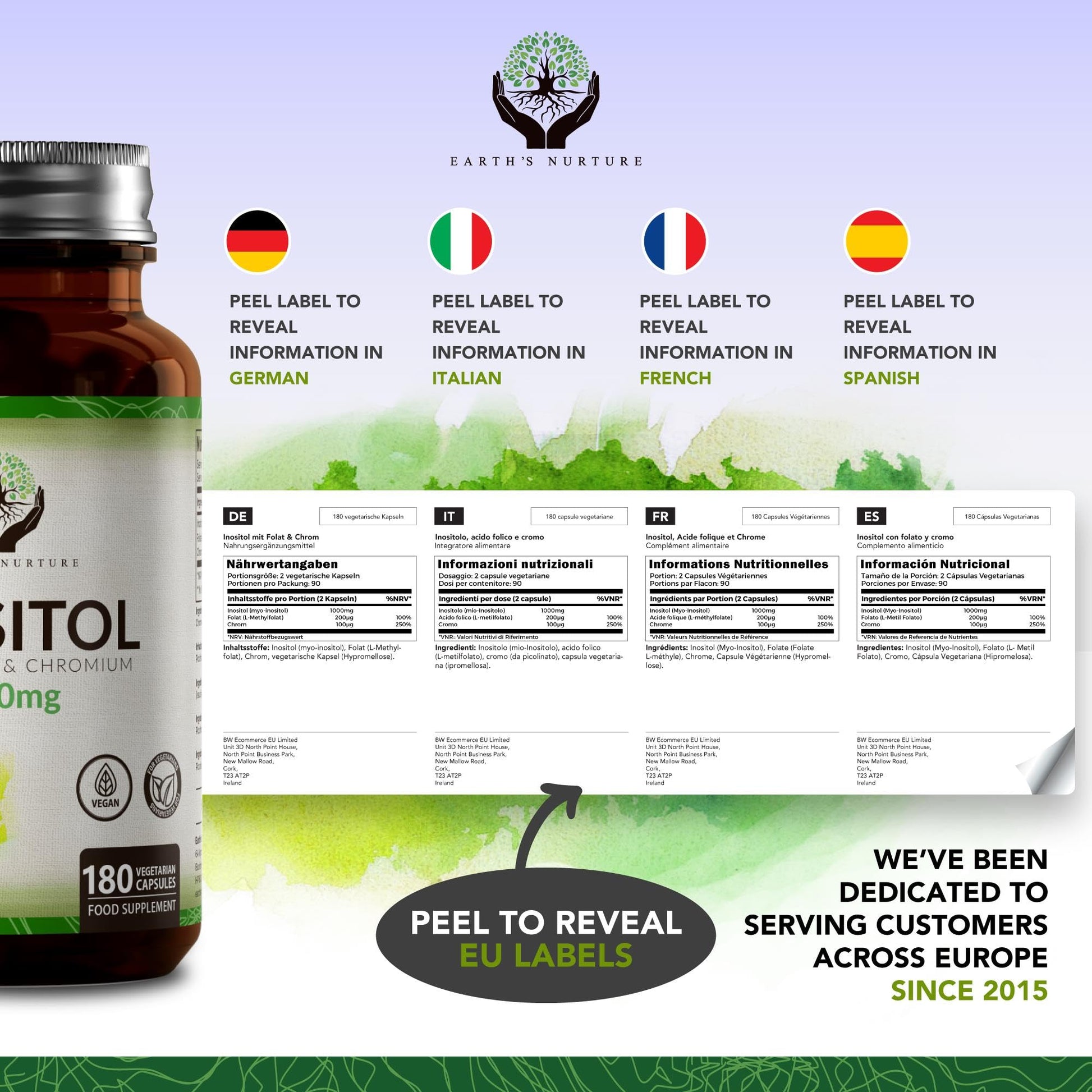 EN Myo-Inositol Chromium & Folate Blend | 1000mg Myo Inositol Per Serving | 180 Vegan Earth's Nurture uk supplements