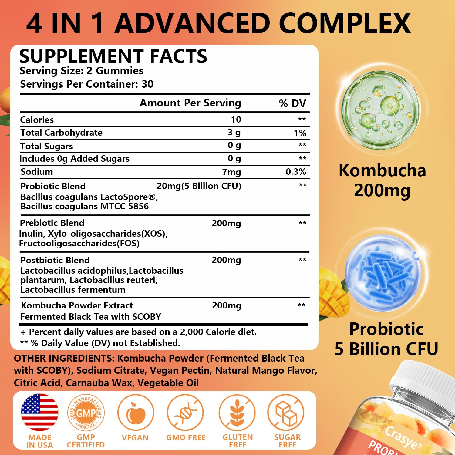 Crasye Probiotic Kombucha Gummies Sugar Free Prebiotic Postbiotic Probiotics Gummy for Women and Men Bloating Gut Health Immune and Digestive Support - 60 Gummies - 30 Servings Crasye uk supplements