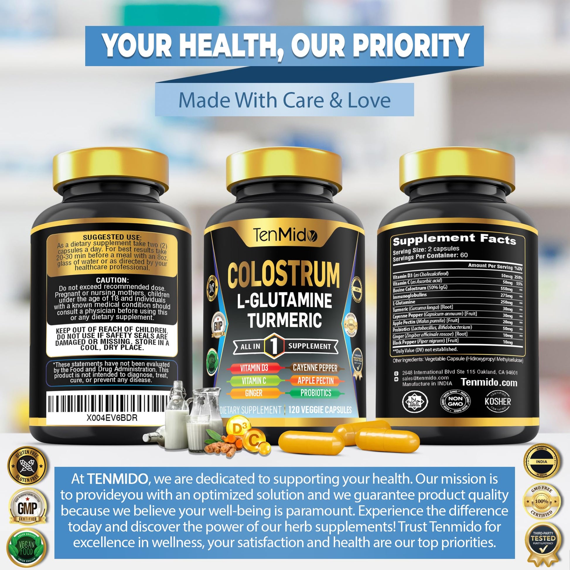 Tenmido Colostrum Supplement - 10in1 Formula - Combine with L- Glutamine, Turmeric, Cayenne Pepper, Apple Pectin, Probiotics, Ginger, and More - Digestive Health, Immune Support - 120 Capsules Tenmido uk supplements