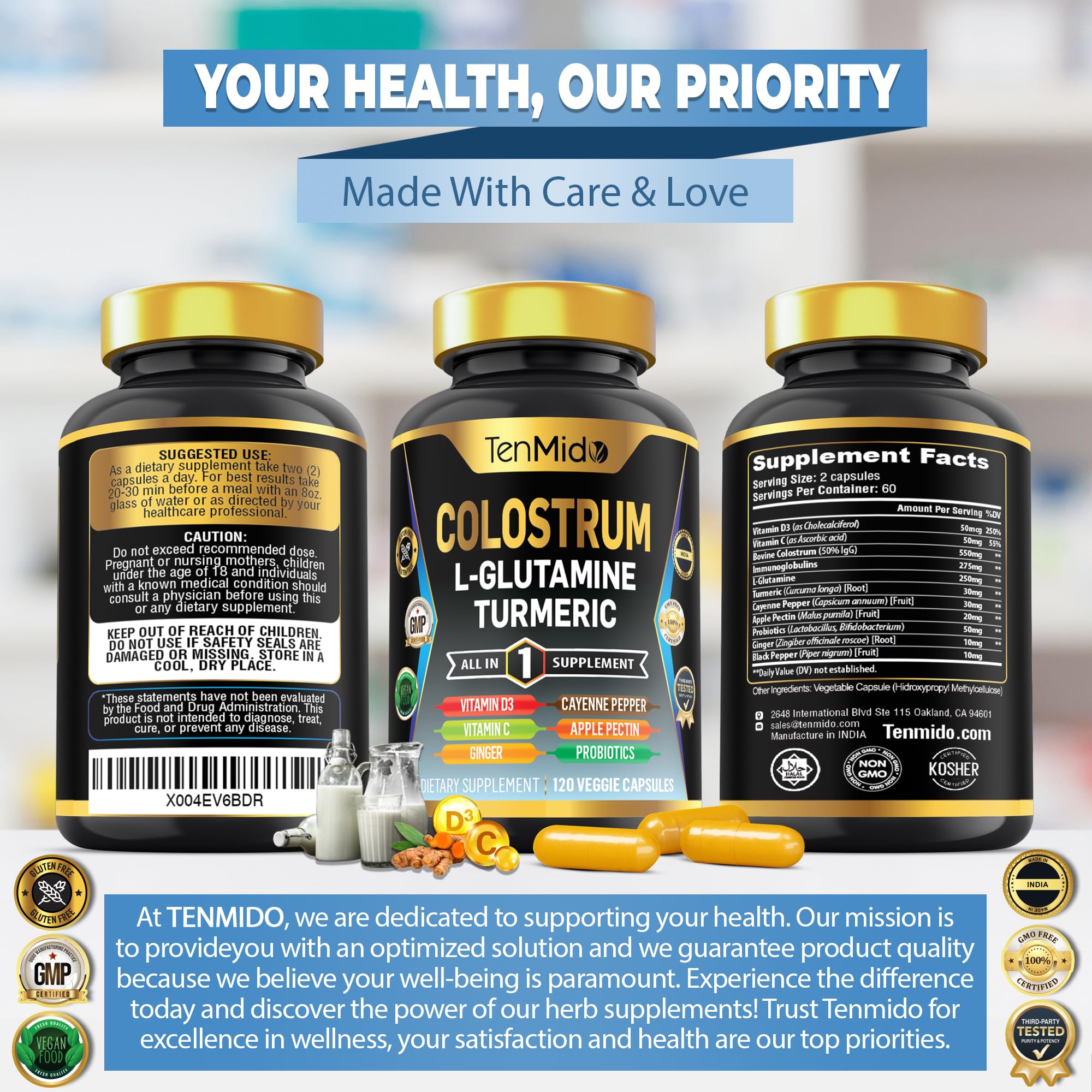 Tenmido Colostrum Supplement - 10in1 Formula - Combine with L- Glutamine, Turmeric, Cayenne Pepper, Apple Pectin, Probiotics, Ginger, and More - Digestive Health, Immune Support - 120 Capsules Tenmido uk supplements
