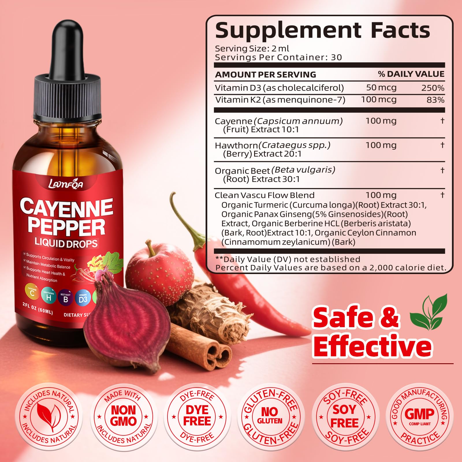 Cayenne Pepper Liquid Drops - Potent Blend with Hawthorn Berry, Turmeric Curcumin, Vitamin D3 K2, Beet Root & Panax Ginseng - Vegan, Non-GMO, High Absorbed Gentle Formula - 2 OZ LAMFQA uk supplements