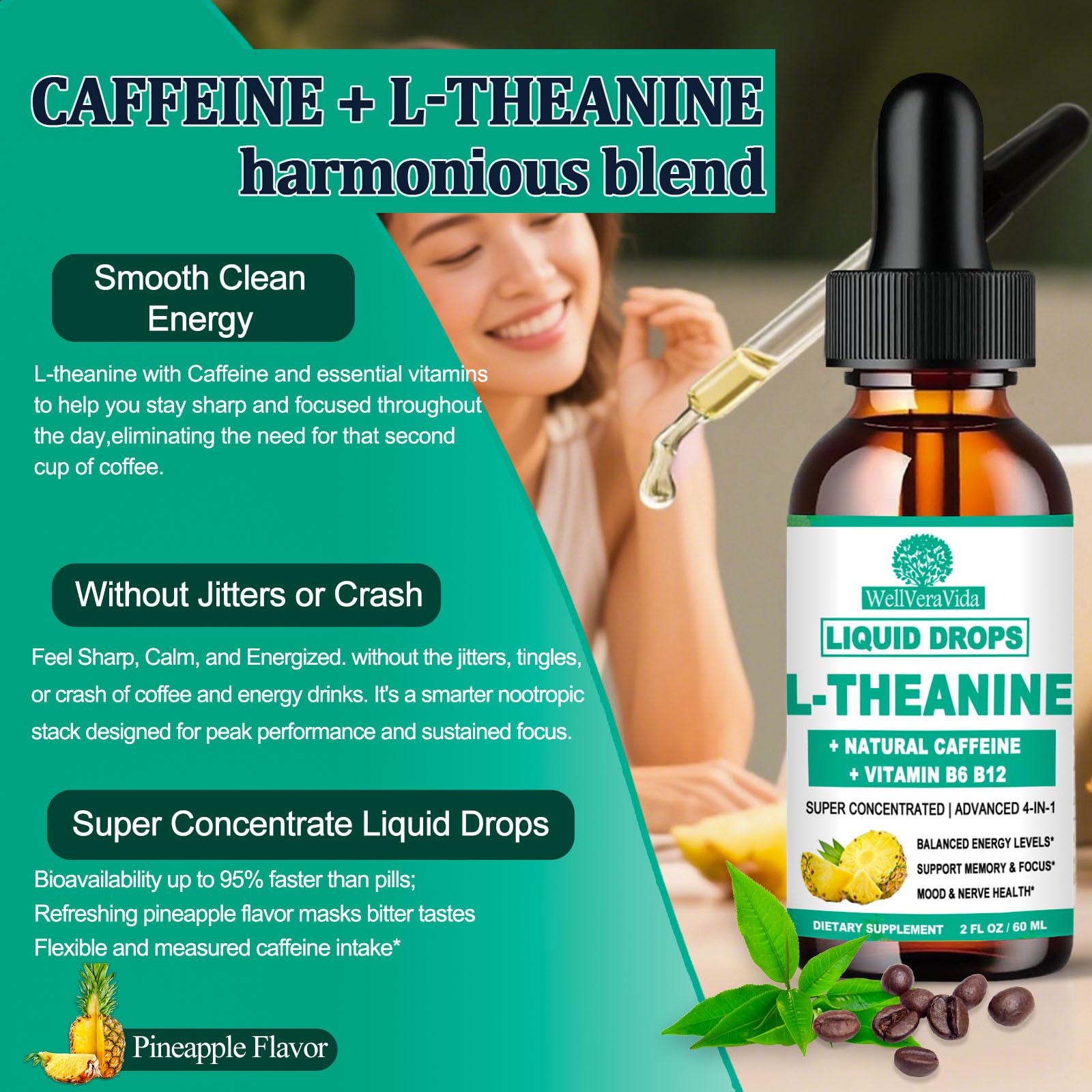 L Theanine Caffeine Liquid Drops, High Potency L-Theanine 100mg w. Caffeine Vitamin B12 B6, Natural Nootropic Brain for Smooth Energy Focus Alertness, 6X Stronger Than Pills Powder Gum WellVeraVida uk supplements