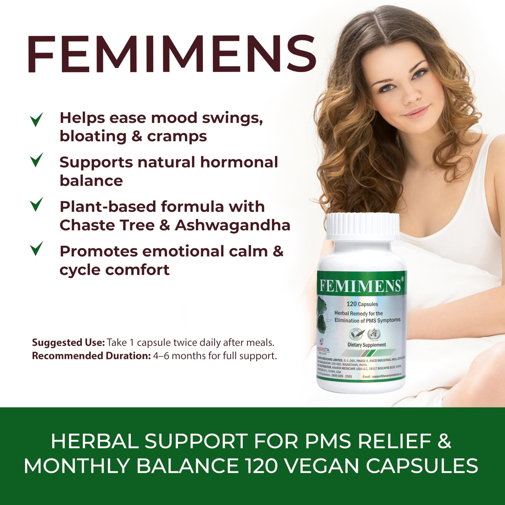 FEMIMENS – PMS Support Supplement for Women – PMS Relief for Women & Menstrual Cramp Relief – Hormonal Balance for Women – Chasteberry Vitex, Ashwagandha, Ginger, Fenugreek – 120 Vegan Capsules Ananta Medicare USA uk supplements