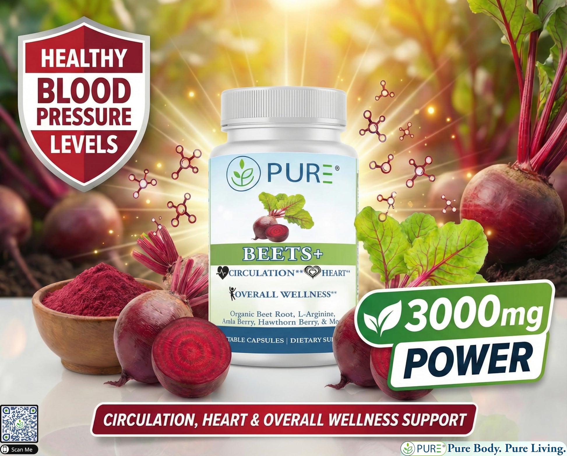PURE® Beets+ Organic Beet Root Capsules - 900mg - 90 Count, 30 Servings - Blood Pressure & Circulation Support Supplement - with L-Arginine, Hawthorn Berry & B12 - Cardiovascular Health - Made in USA PURE uk supplements