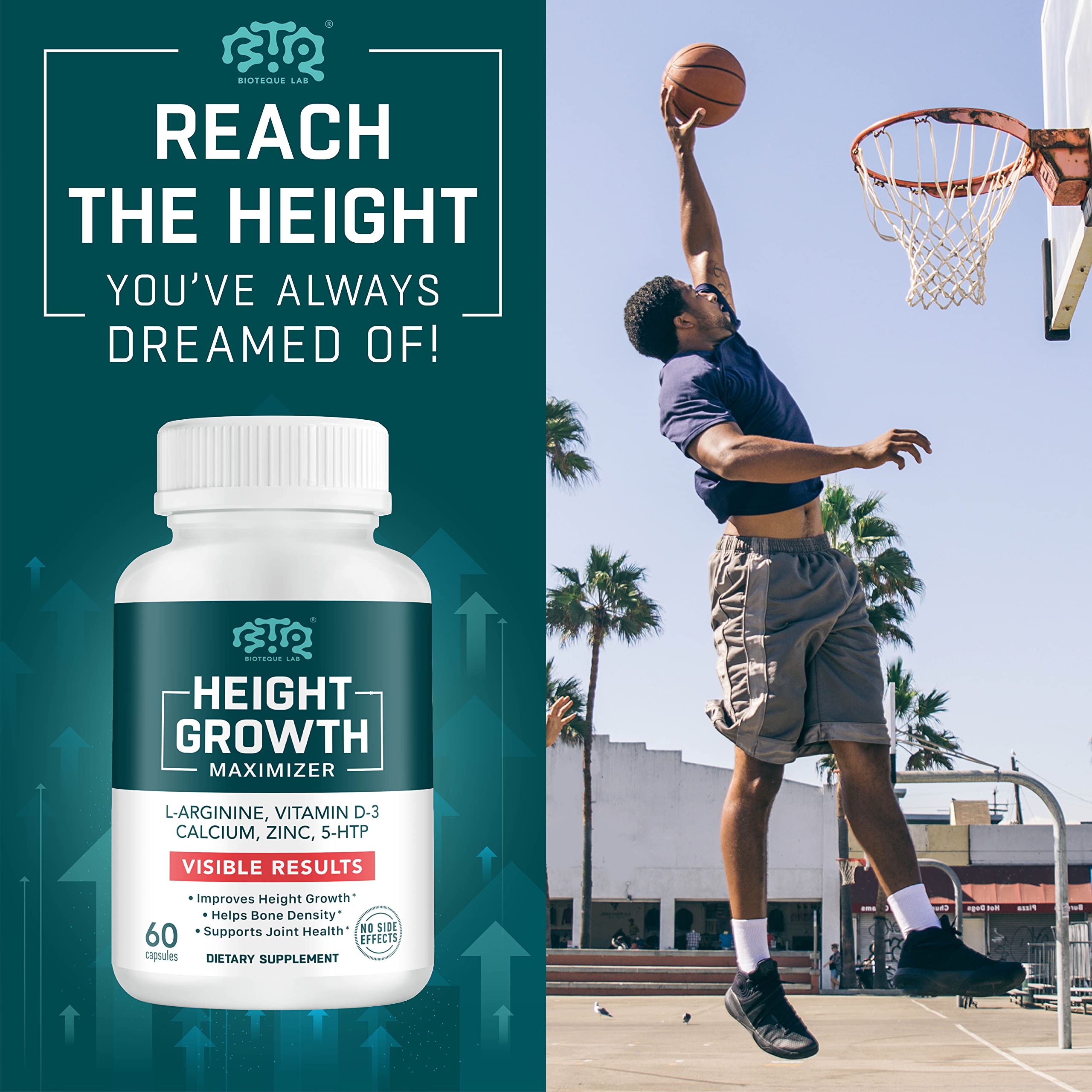BIOTEQUELAB Height Growth Maximizer, Calcium, Vitamin D3 and Zinc Blend Pills, Bone Growth Supplement for Kids and Teens, Bone Strength, Density Support, GMO-Free, Gluten-Free, Made in USA, 60 Caps BTQ BIOTEQUE LAB uk supplements