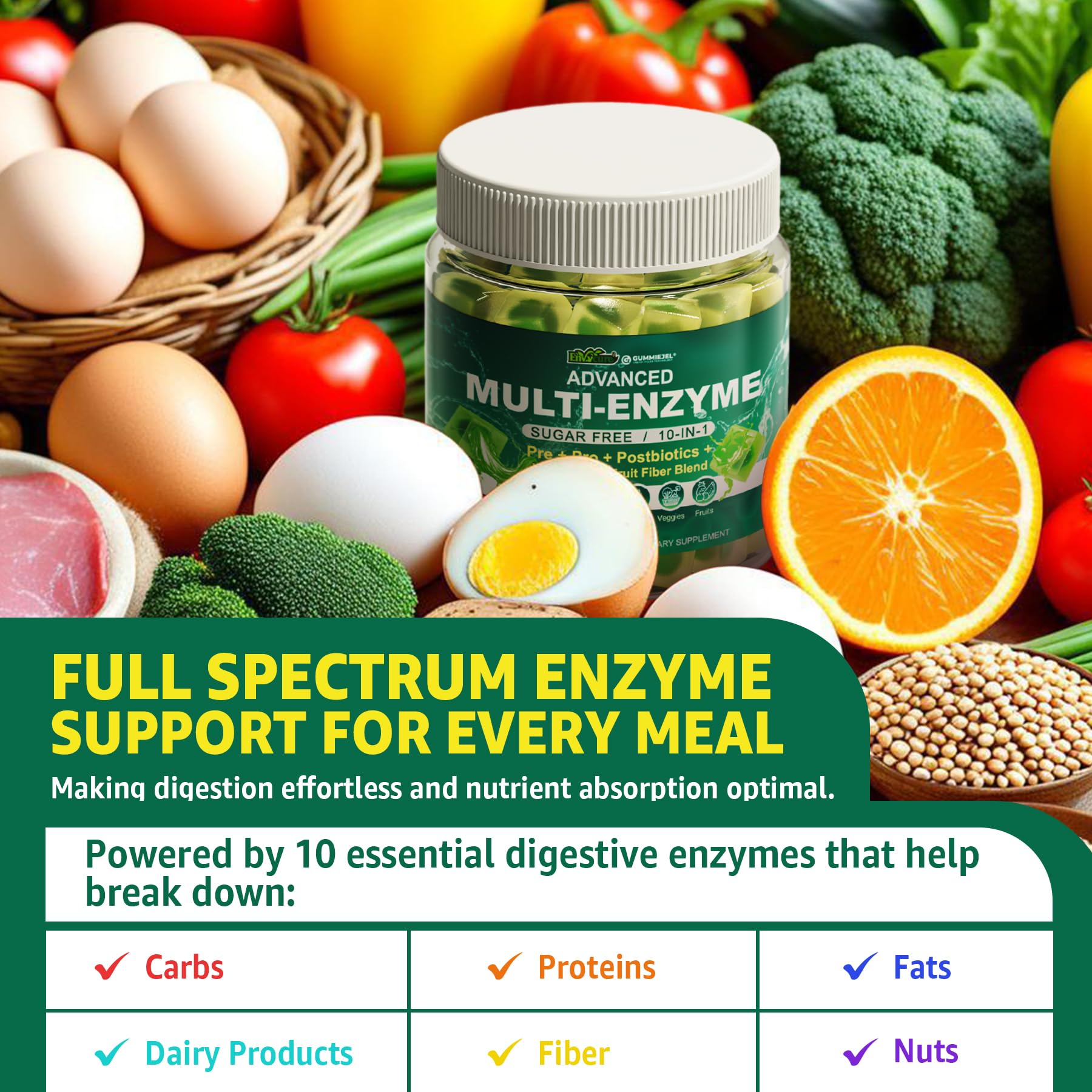 Digestive Enzymes Gummies for Women & Men, Multi-Enzymes with 90Billion CFU Probiotics and Prebiotics & Postbiotic, Vegetable & Fruit Fiber Blend, Super Enzymes for Digestive & Gut Health,Immune,60Cts EnvyCure uk supplements