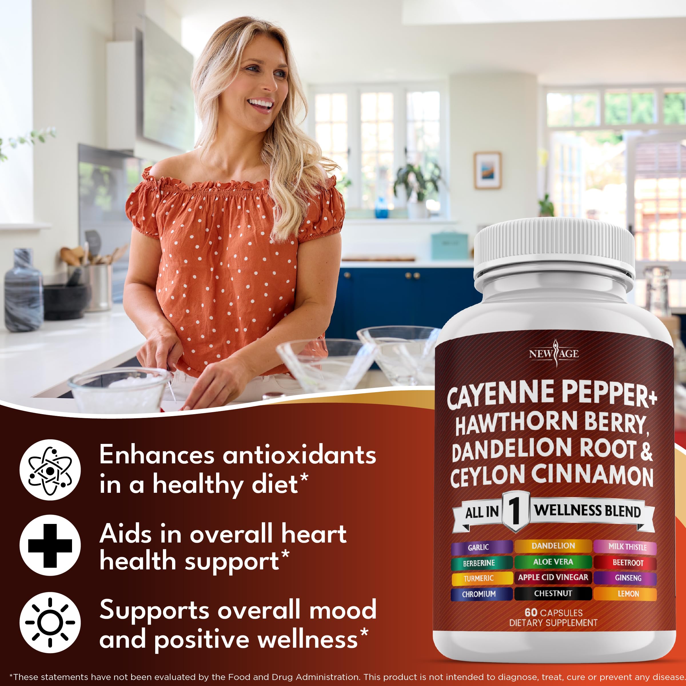 NEW AGE Cayenne Pepper Capsules Supplement with Hawthorn Berry, Dandelion Root, Ceylon Cinnamon, Garlic, Ginger, ACV, Milk Thistle, Beet Root, Aloe Vera - 120 Count NEW AGE uk supplements