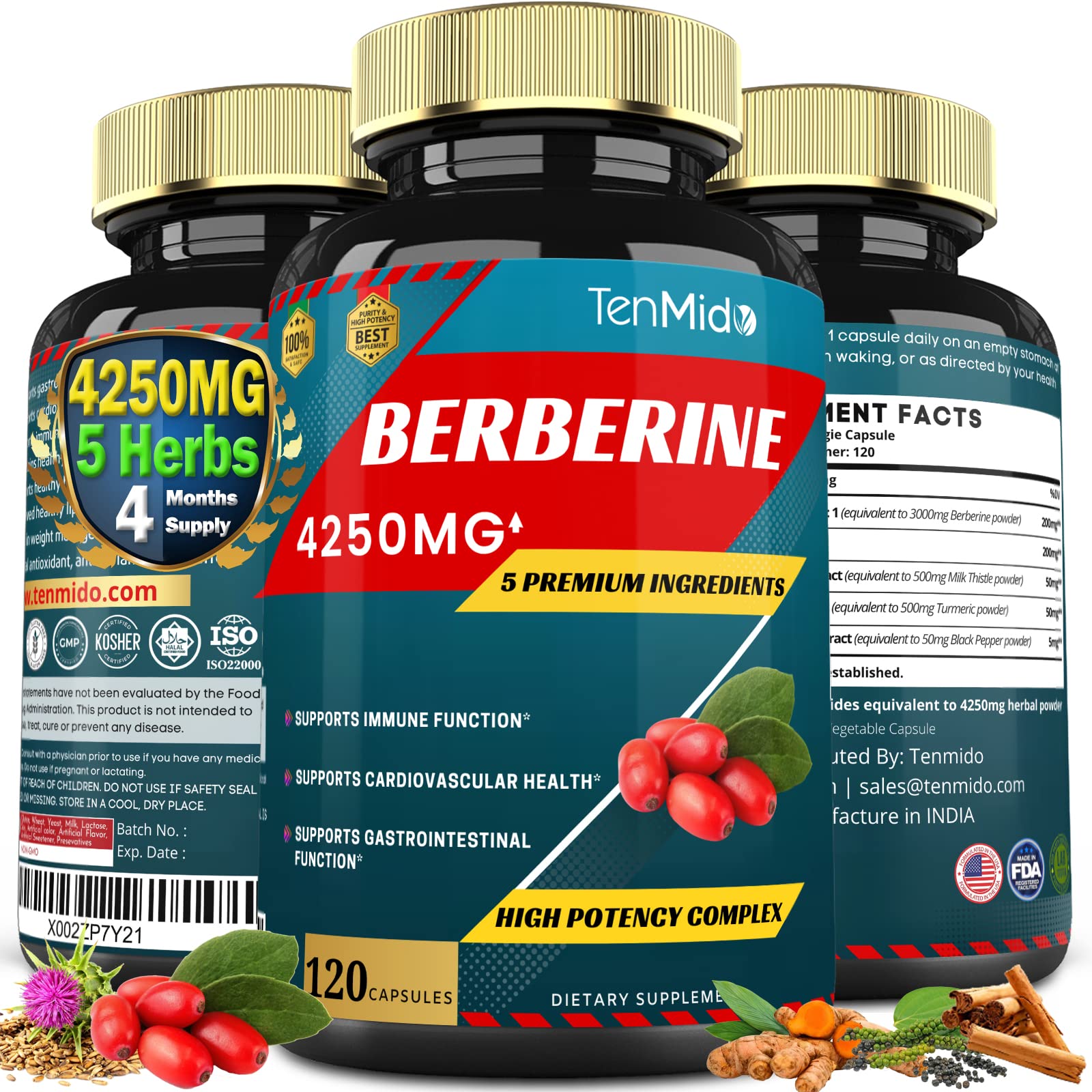 Berberine Extract Capsules 4250mg, 4 Months Supply & Ceylon, Milk Thistle, Turmeric Tenmido uk supplements