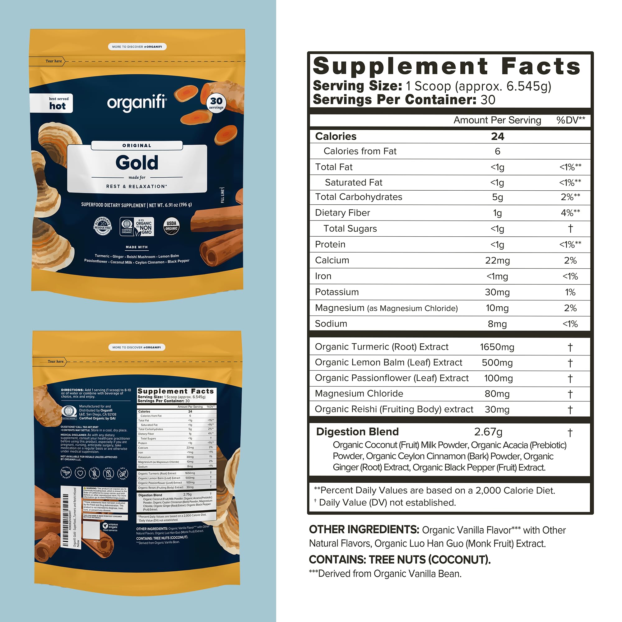Organifi: Gold - Superfood Supplement Powder- 90 Servings (3 Pack) - Stress Support Organifi uk supplements
